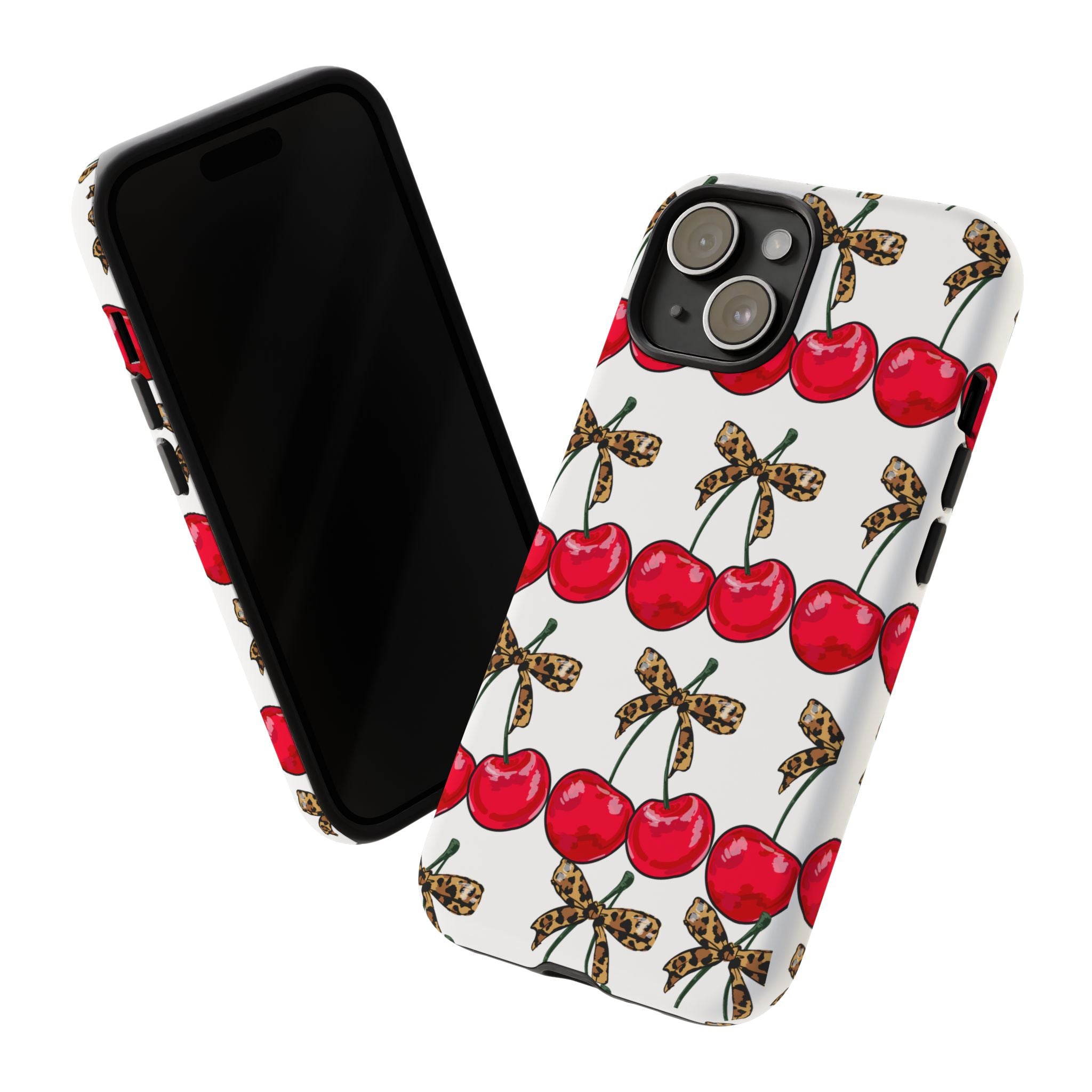 Cherry Pattern Phone Case — Retro Red Cherries with Leopard Bow iPhone Case