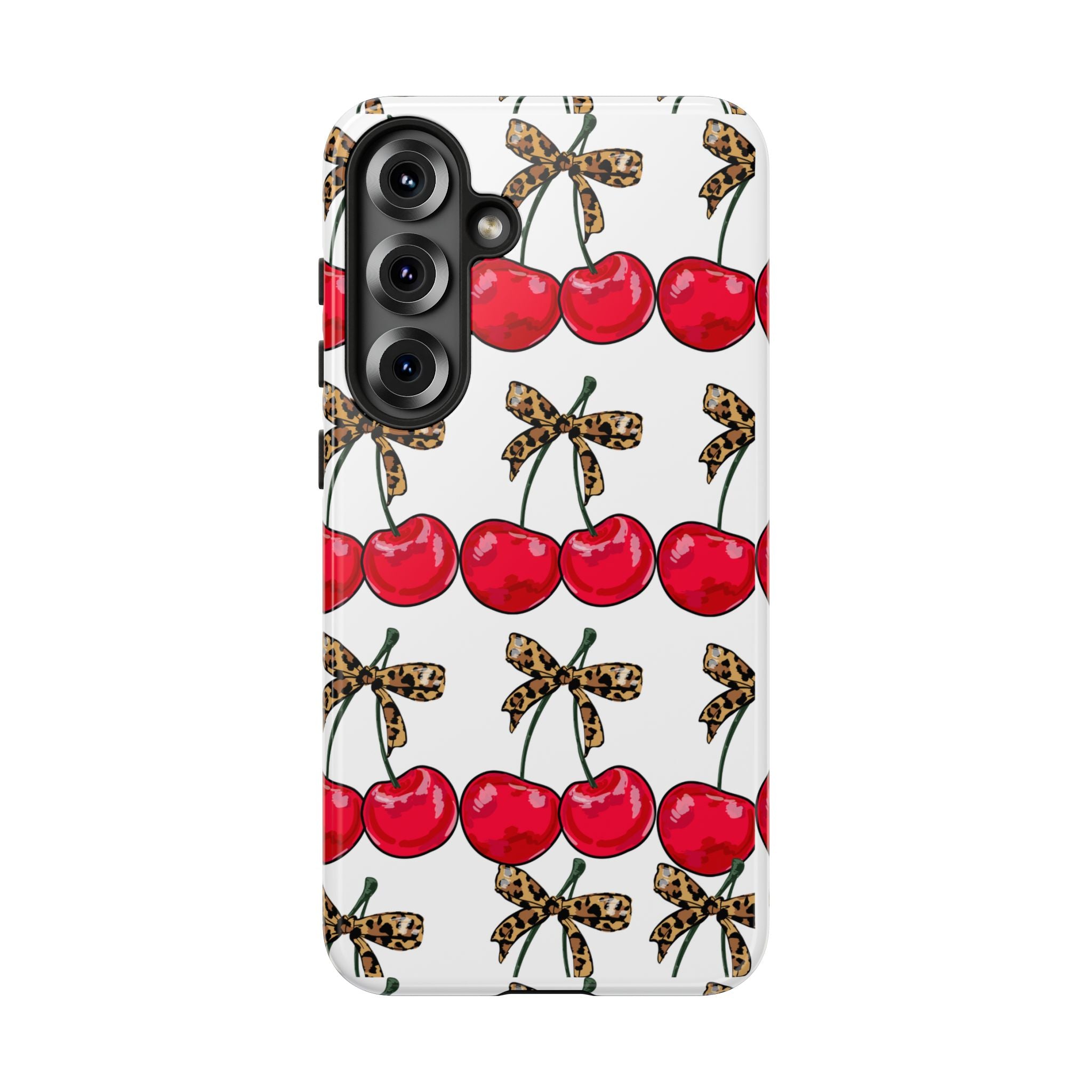 Cherry Pattern Phone Case — Retro Red Cherries with Leopard Bow iPhone Case