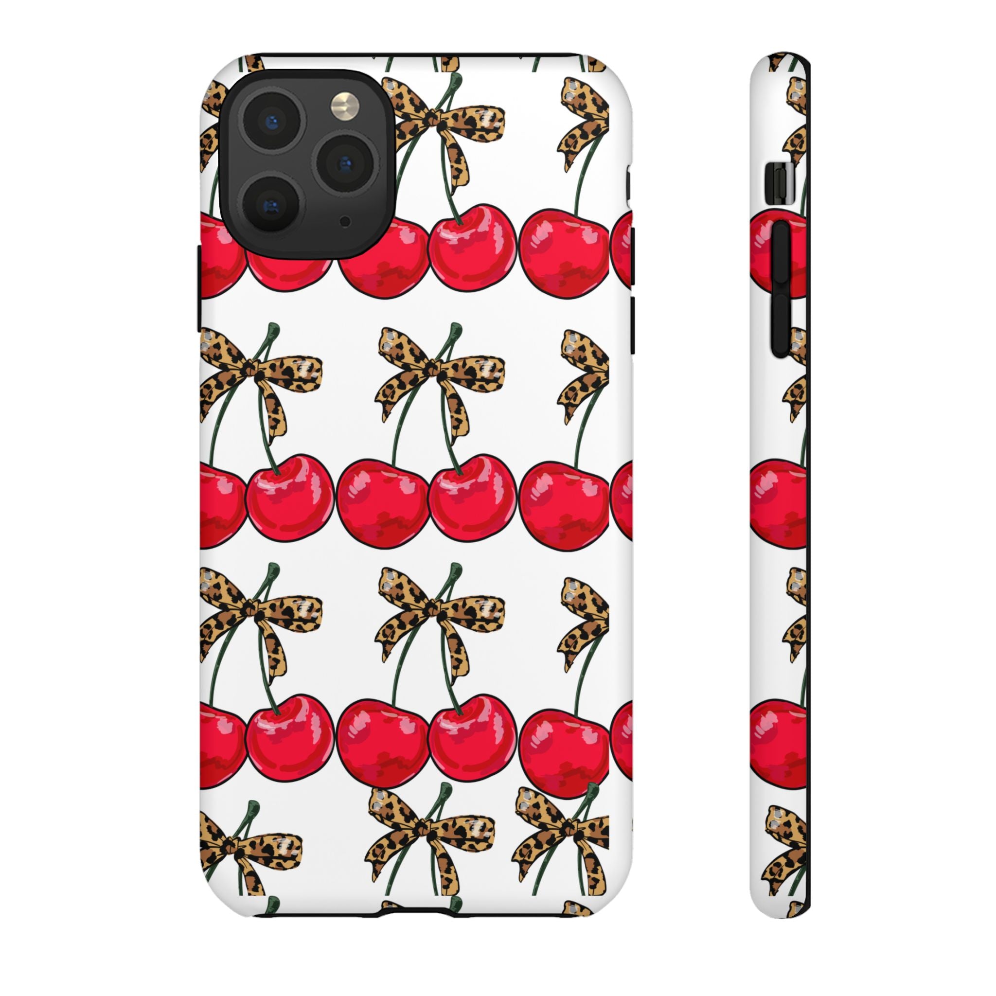 Cherry Pattern Phone Case — Retro Red Cherries with Leopard Bow iPhone Case