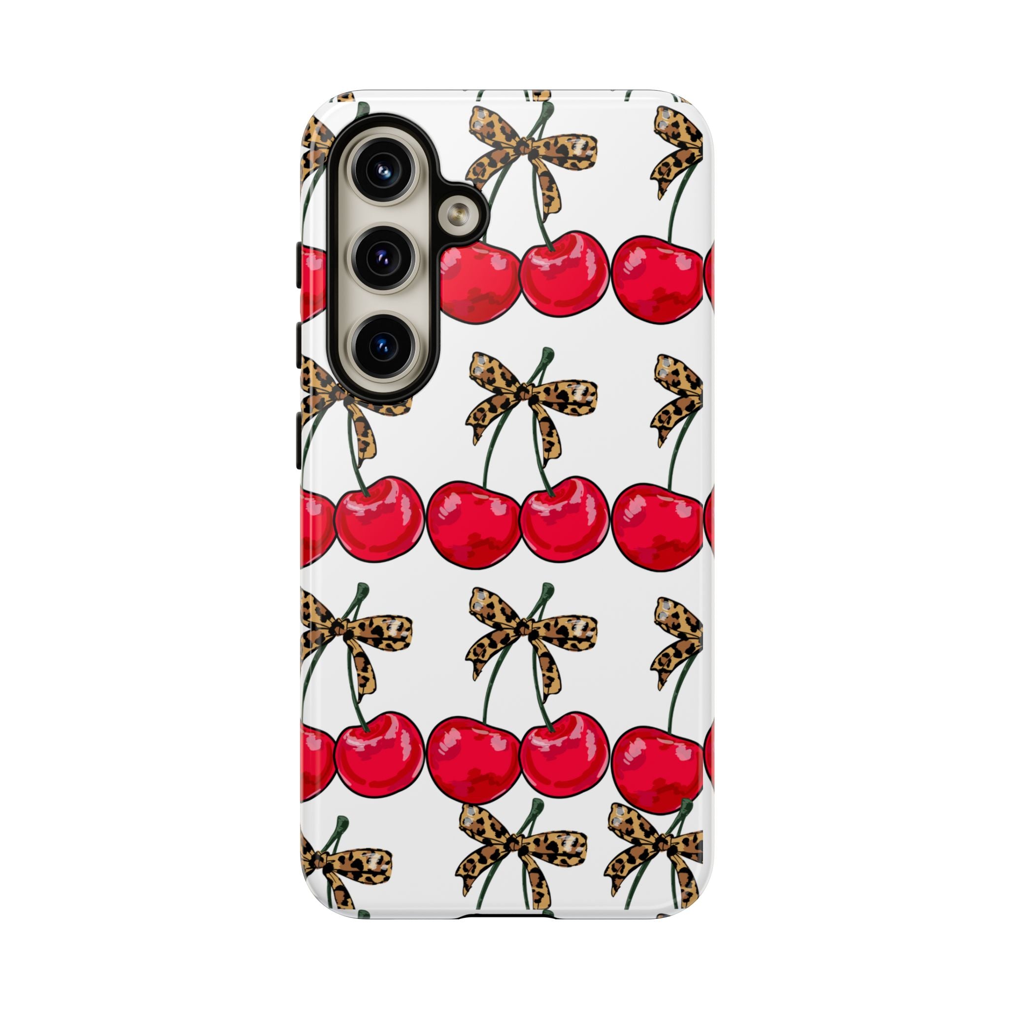 Cherry Pattern Phone Case — Retro Red Cherries with Leopard Bow iPhone Case