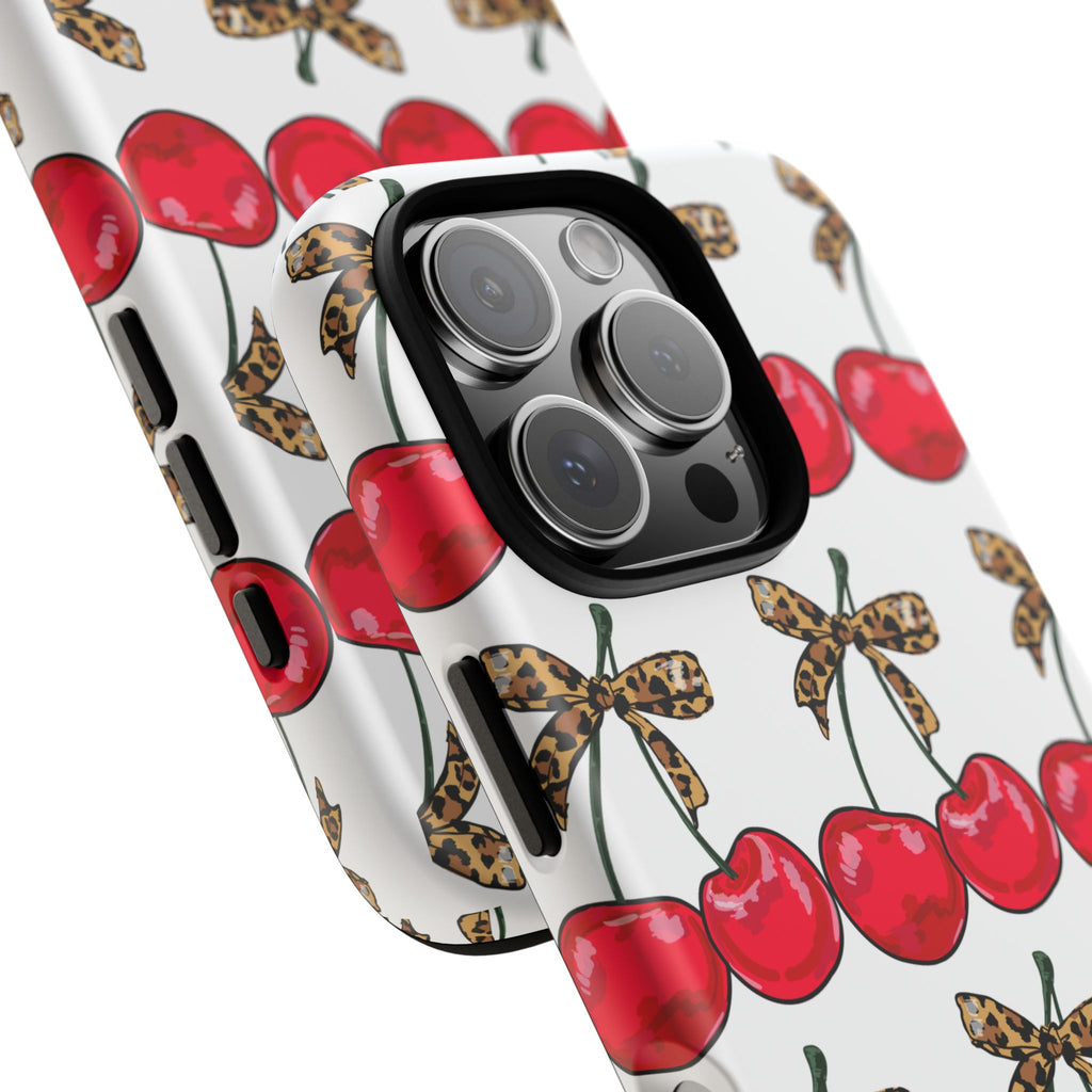 Cherry Pattern Phone Case — Retro Red Cherries with Leopard Bow iPhone Case