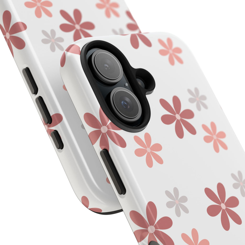 Floral Daisy Tough Phone Case — Pink Retro Flower Pattern, Protective Shockproof Phone Cover