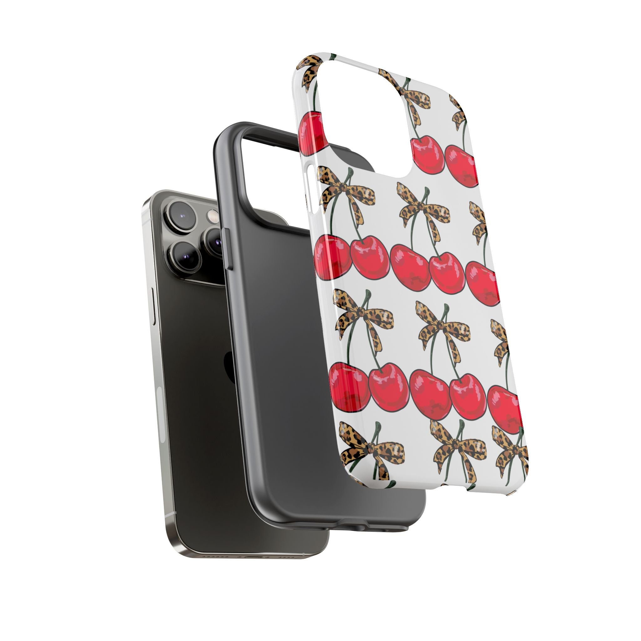 Cherry Pattern Phone Case — Retro Red Cherries with Leopard Bow iPhone Case