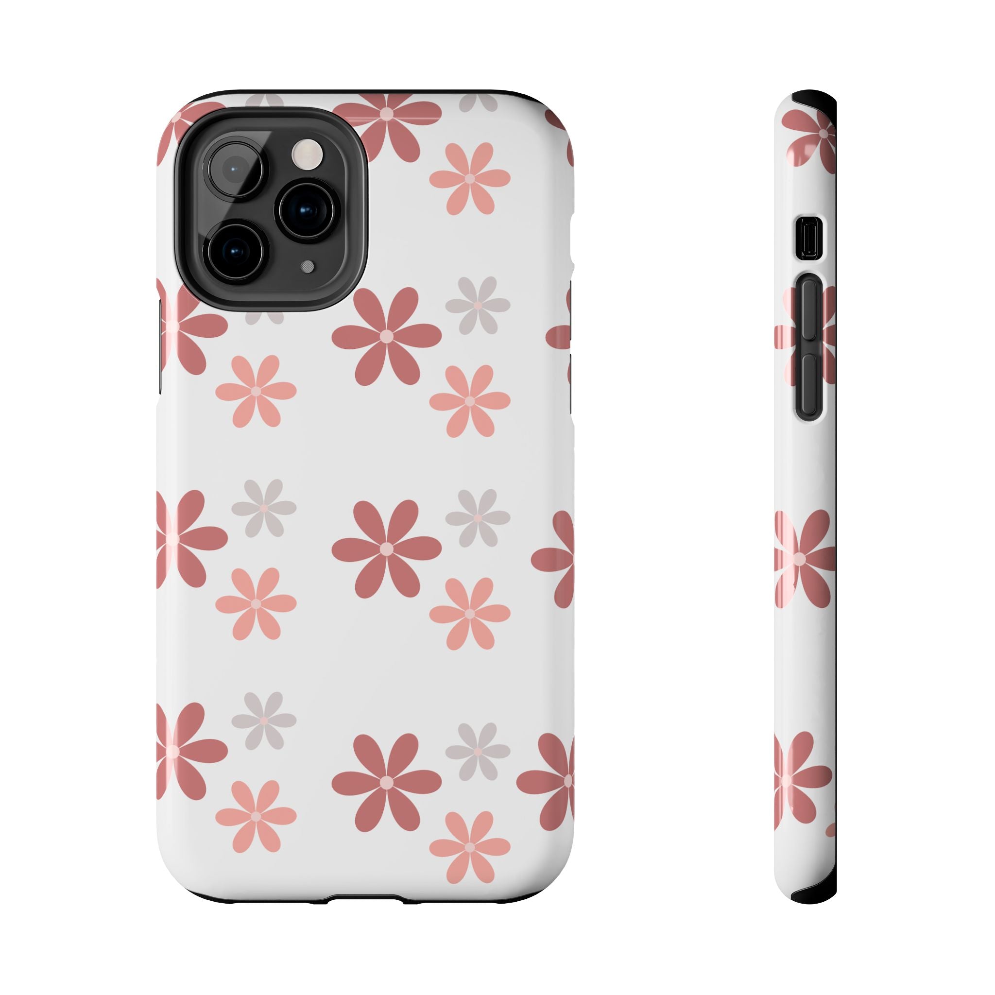 Floral Daisy Tough Phone Case — Pink Retro Flower Pattern, Protective Shockproof Phone Cover