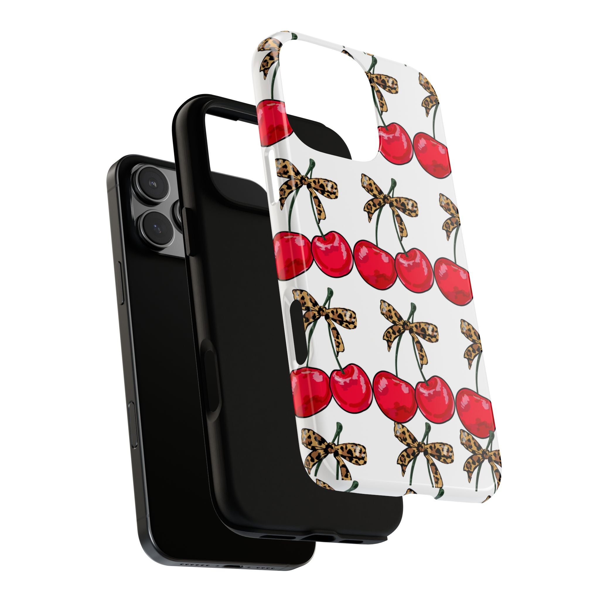 Cherry Pattern Phone Case — Retro Red Cherries with Leopard Bow iPhone Case
