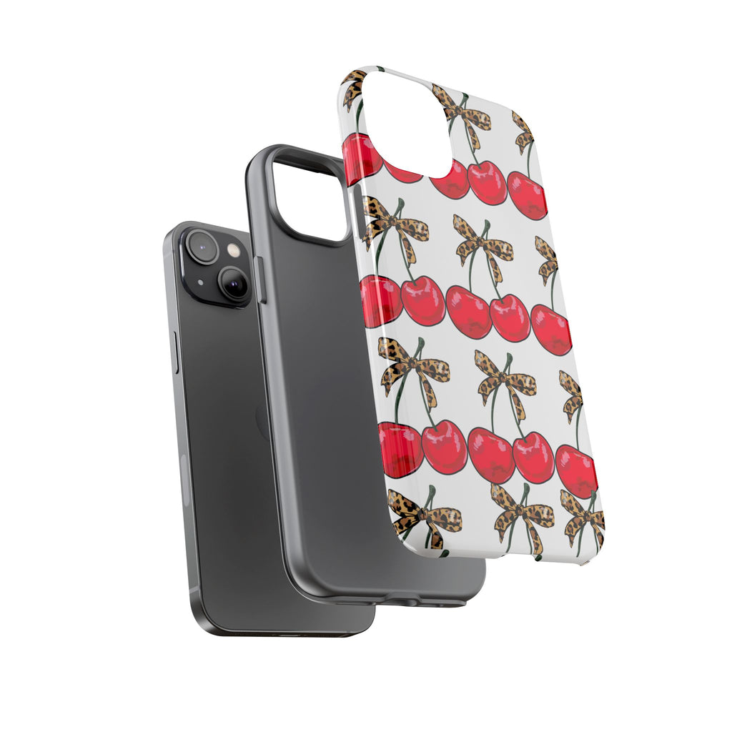 Cherry Pattern Phone Case — Retro Red Cherries with Leopard Bow iPhone Case