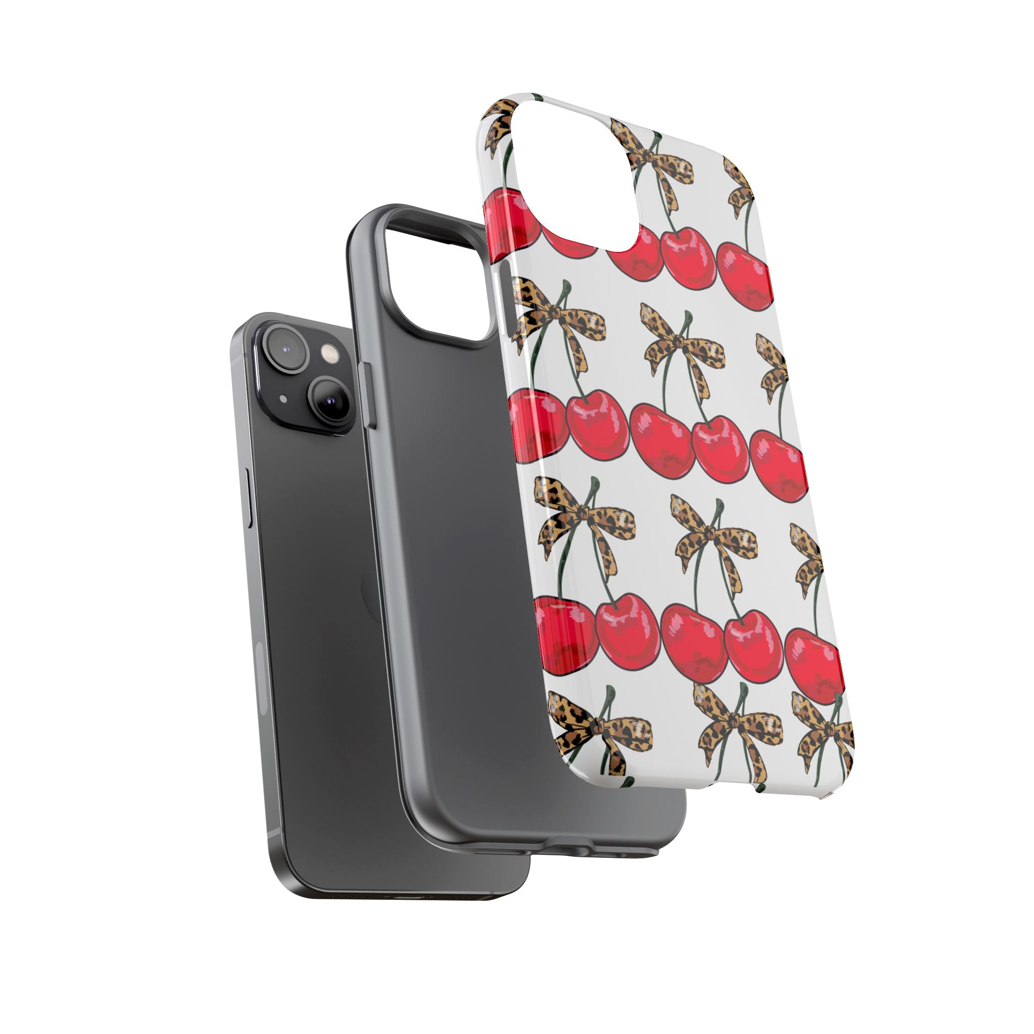Cherry Pattern Phone Case — Retro Red Cherries with Leopard Bow iPhone Case