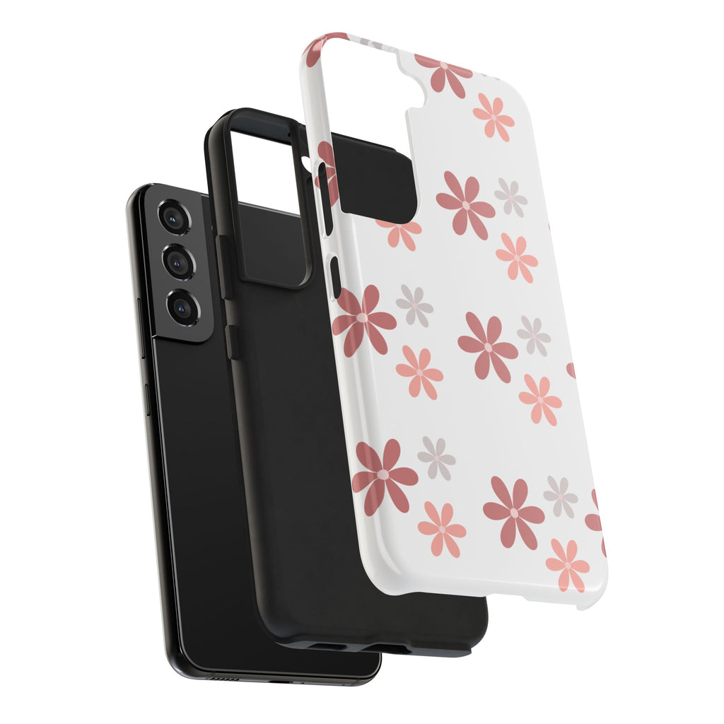 Floral Daisy Tough Phone Case — Pink Retro Flower Pattern, Protective Shockproof Phone Cover