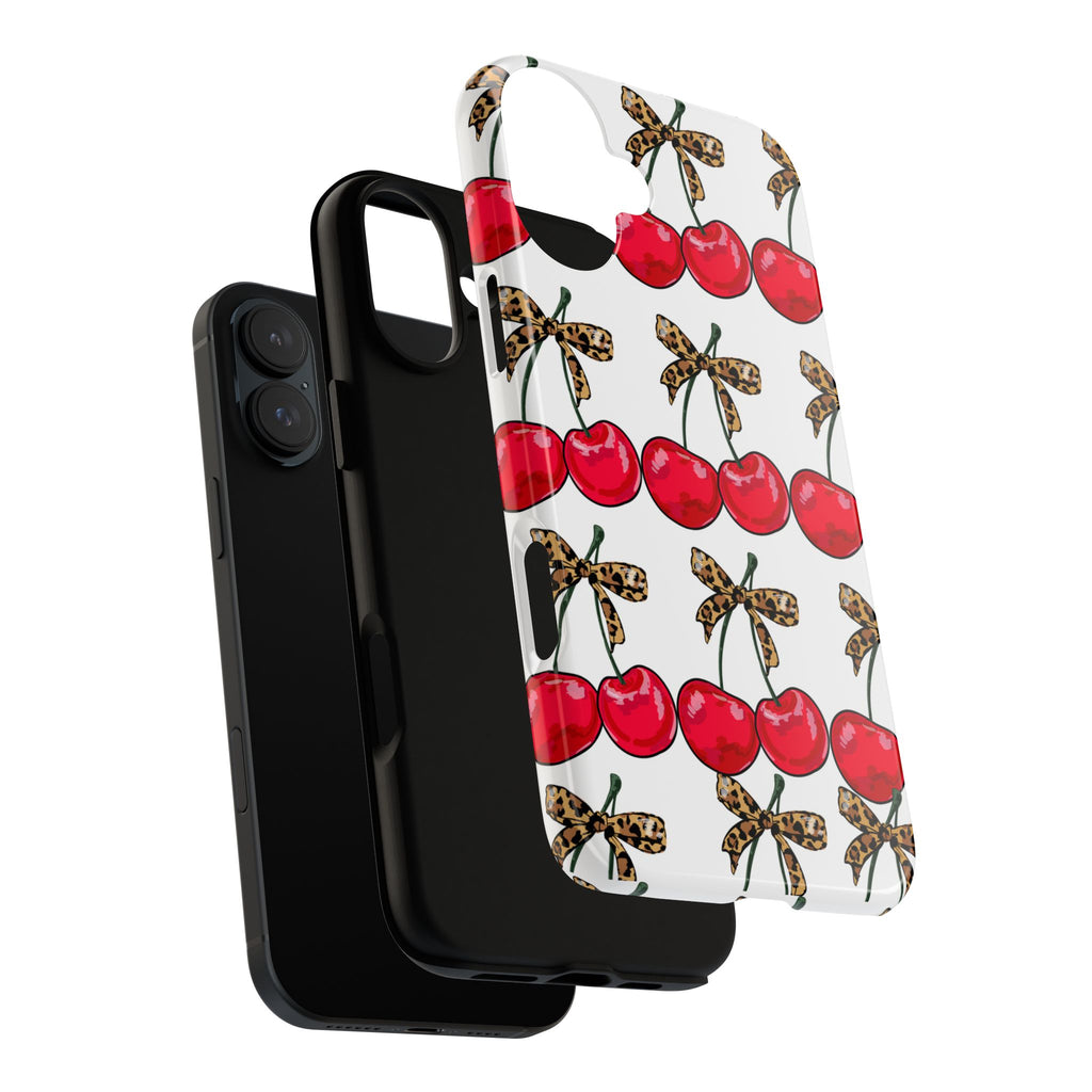 Cherry Pattern Phone Case — Retro Red Cherries with Leopard Bow iPhone Case