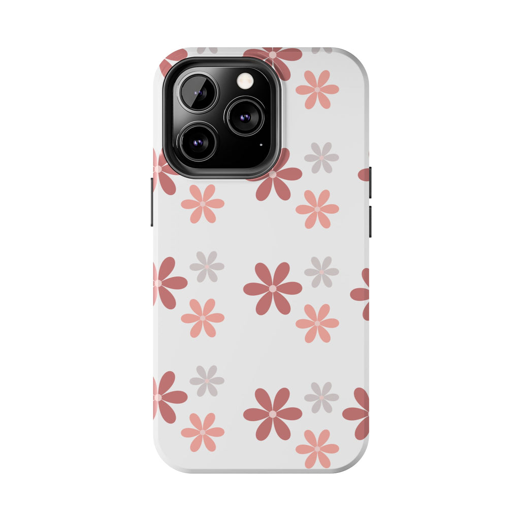 Floral Daisy Tough Phone Case — Pink Retro Flower Pattern, Protective Shockproof Phone Cover