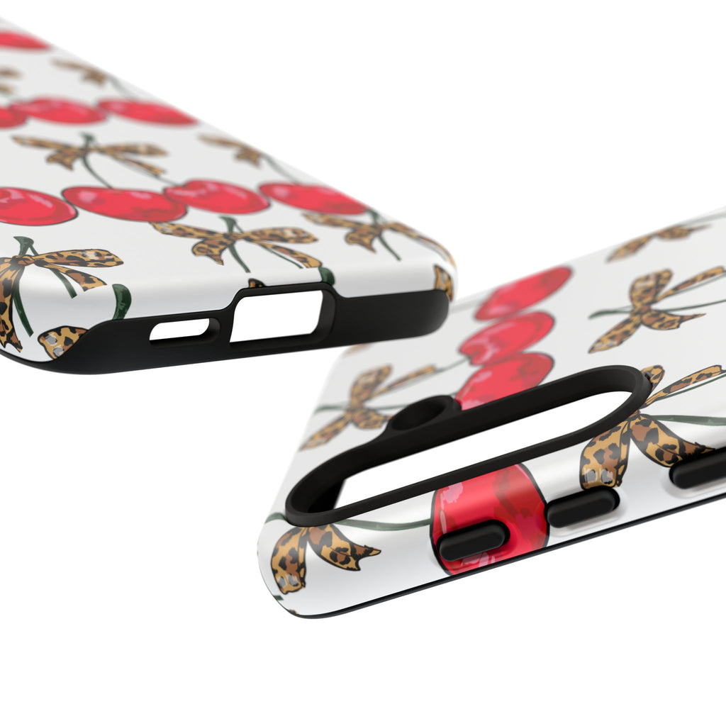 Cherry Pattern Phone Case — Retro Red Cherries with Leopard Bow iPhone Case