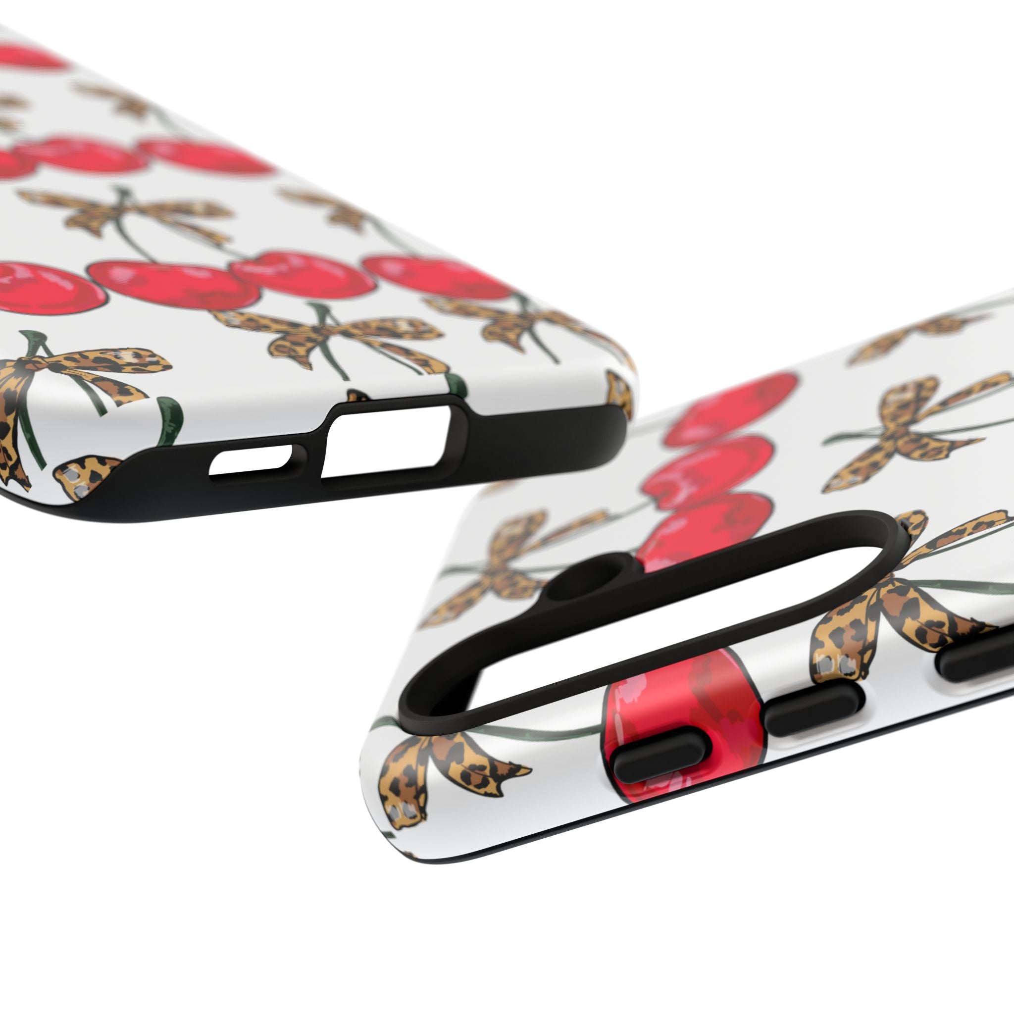 Cherry Pattern Phone Case — Retro Red Cherries with Leopard Bow iPhone Case