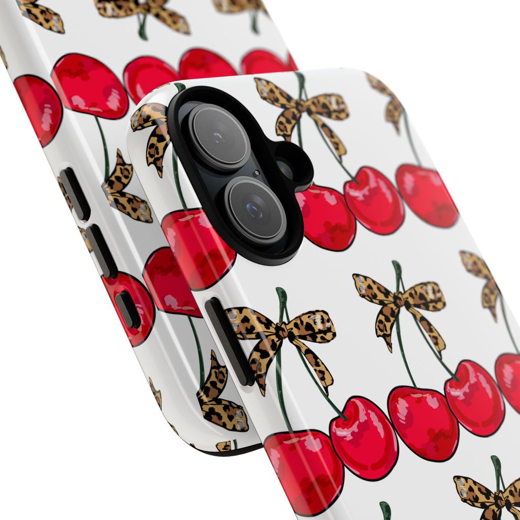 Cherry Pattern Phone Case — Retro Red Cherries with Leopard Bow iPhone Case
