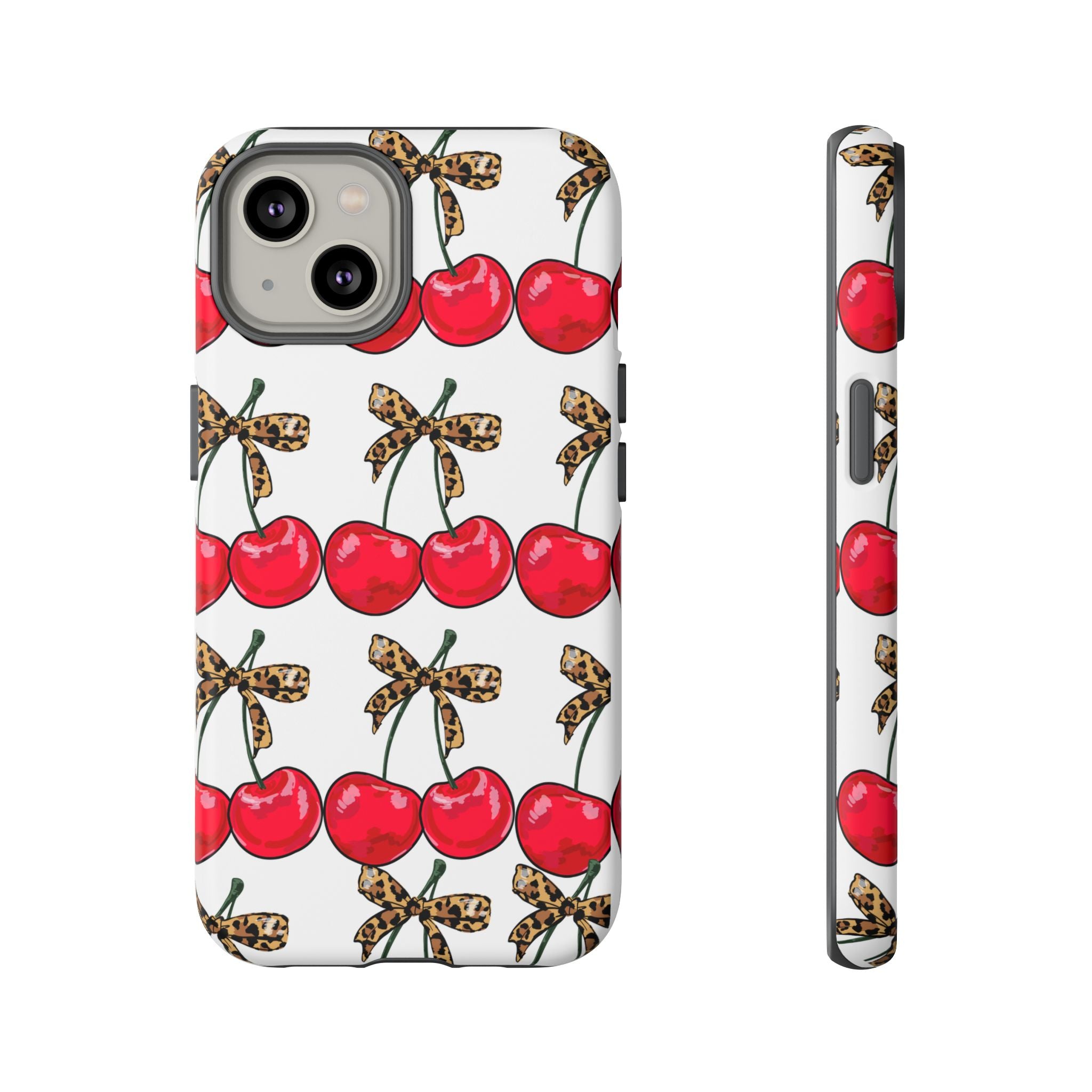 Cherry Pattern Phone Case — Retro Red Cherries with Leopard Bow iPhone Case