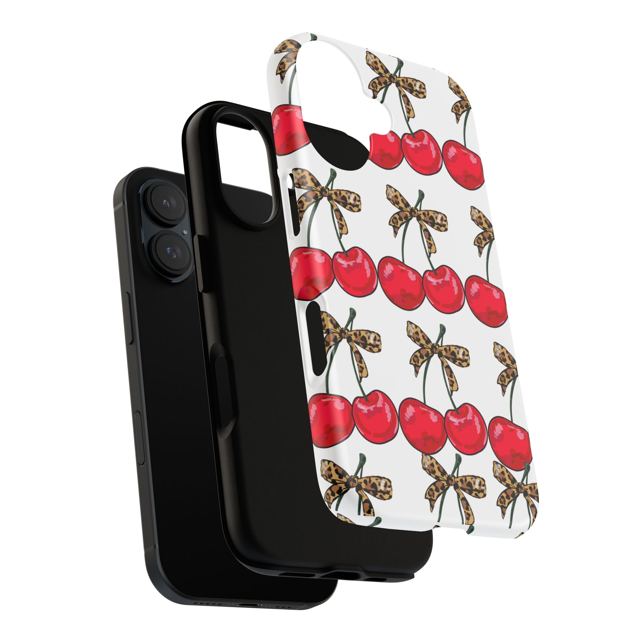 Cherry Pattern Phone Case — Retro Red Cherries with Leopard Bow iPhone Case