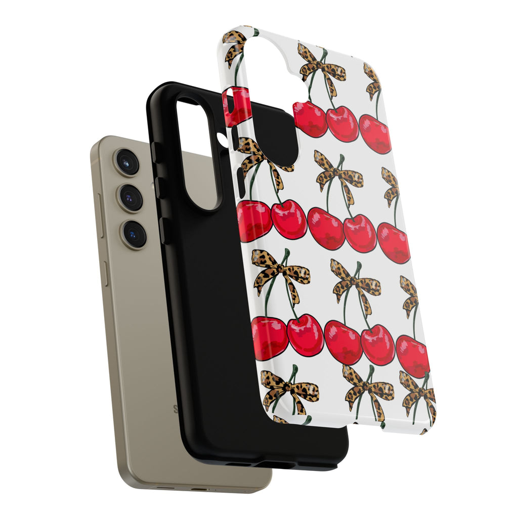 Cherry Pattern Phone Case — Retro Red Cherries with Leopard Bow iPhone Case