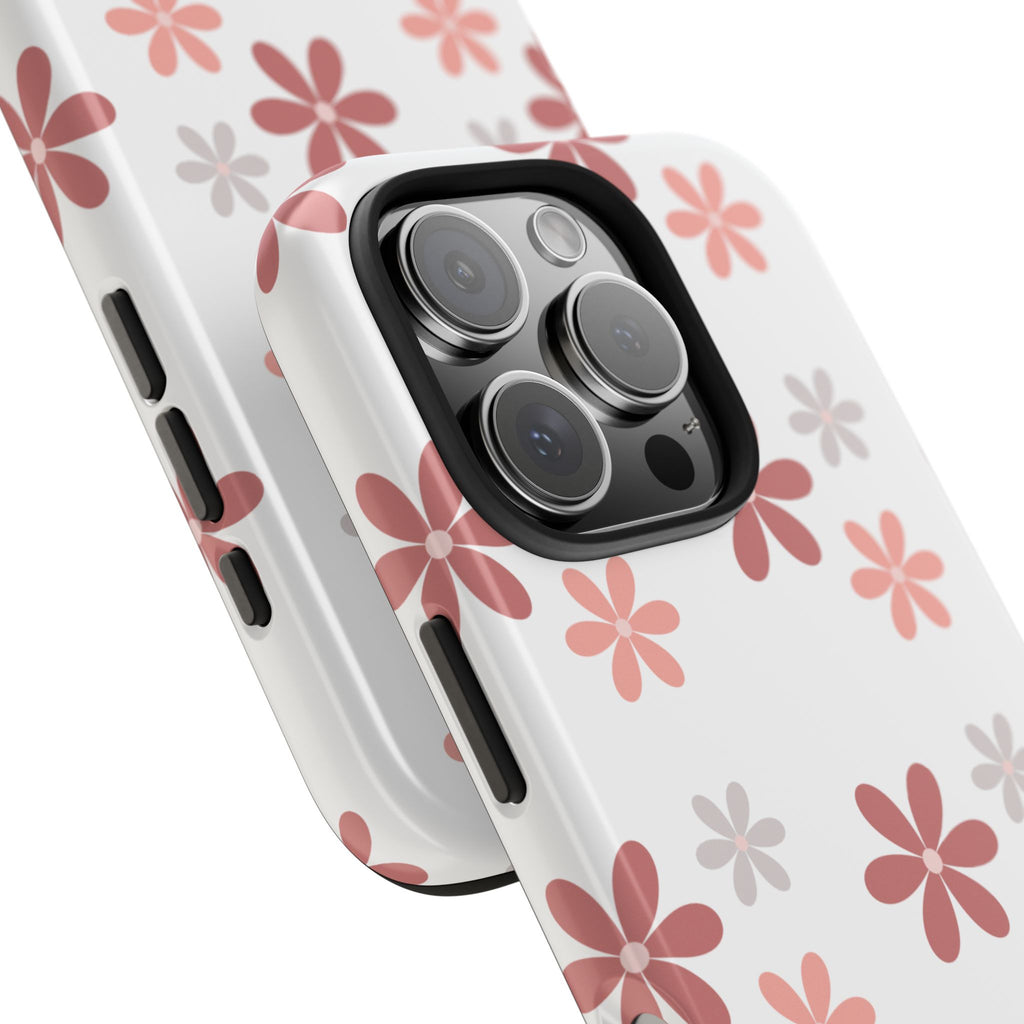 Floral Daisy Tough Phone Case — Pink Retro Flower Pattern, Protective Shockproof Phone Cover