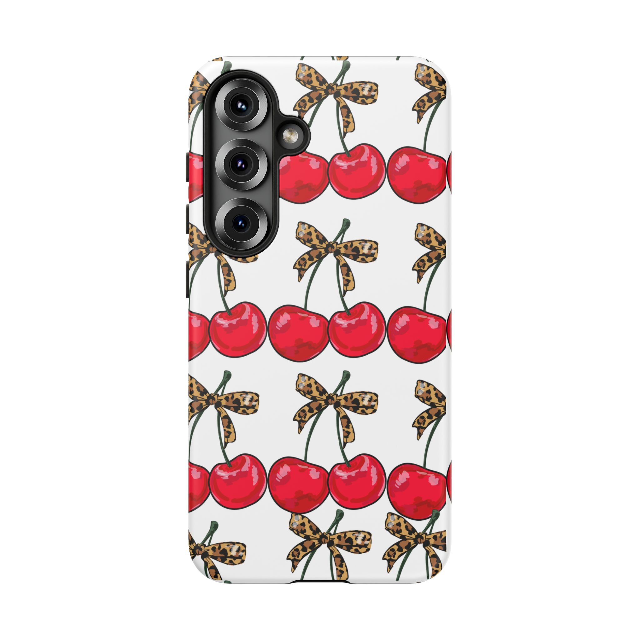 Cherry Pattern Phone Case — Retro Red Cherries with Leopard Bow iPhone Case