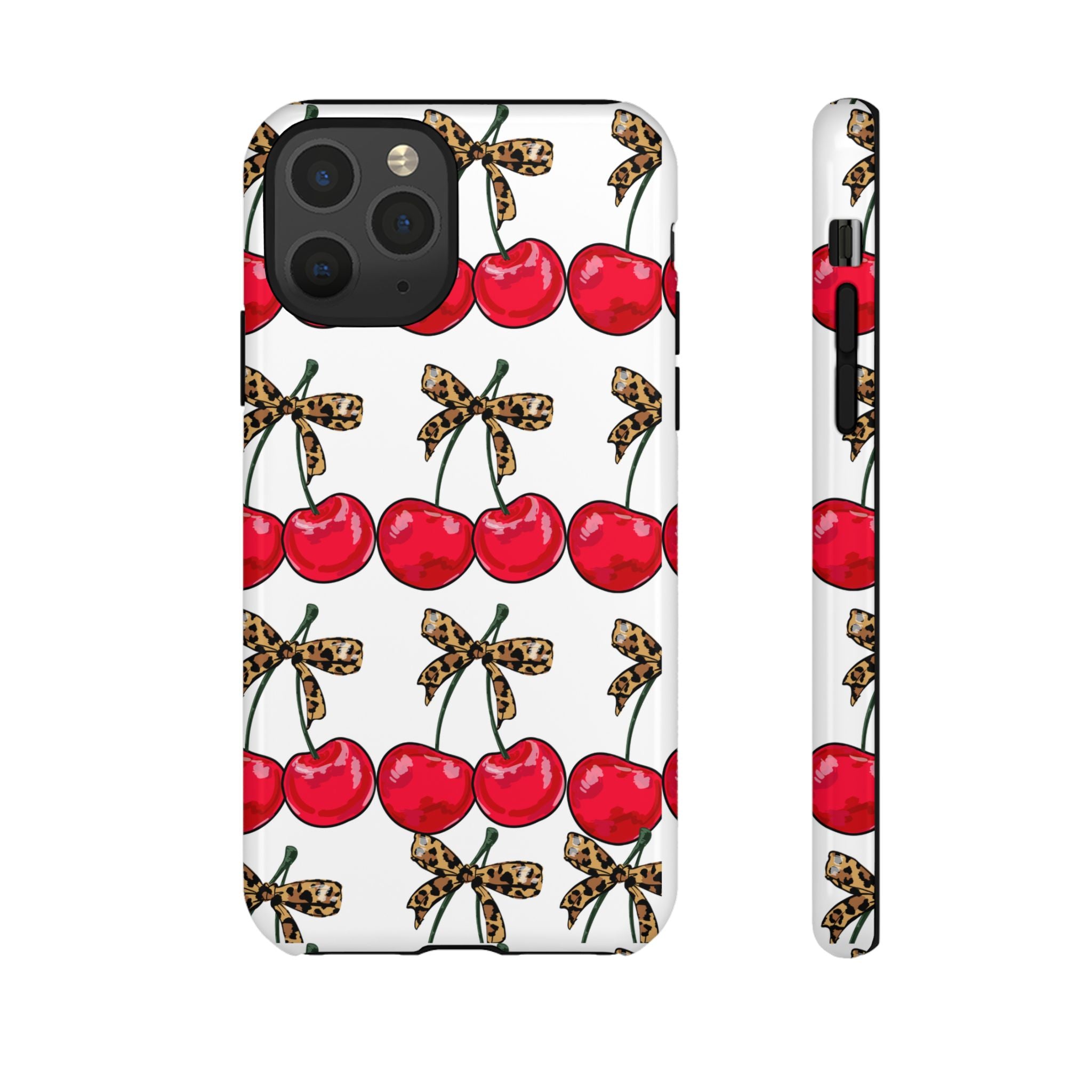 Cherry Pattern Phone Case — Retro Red Cherries with Leopard Bow iPhone Case