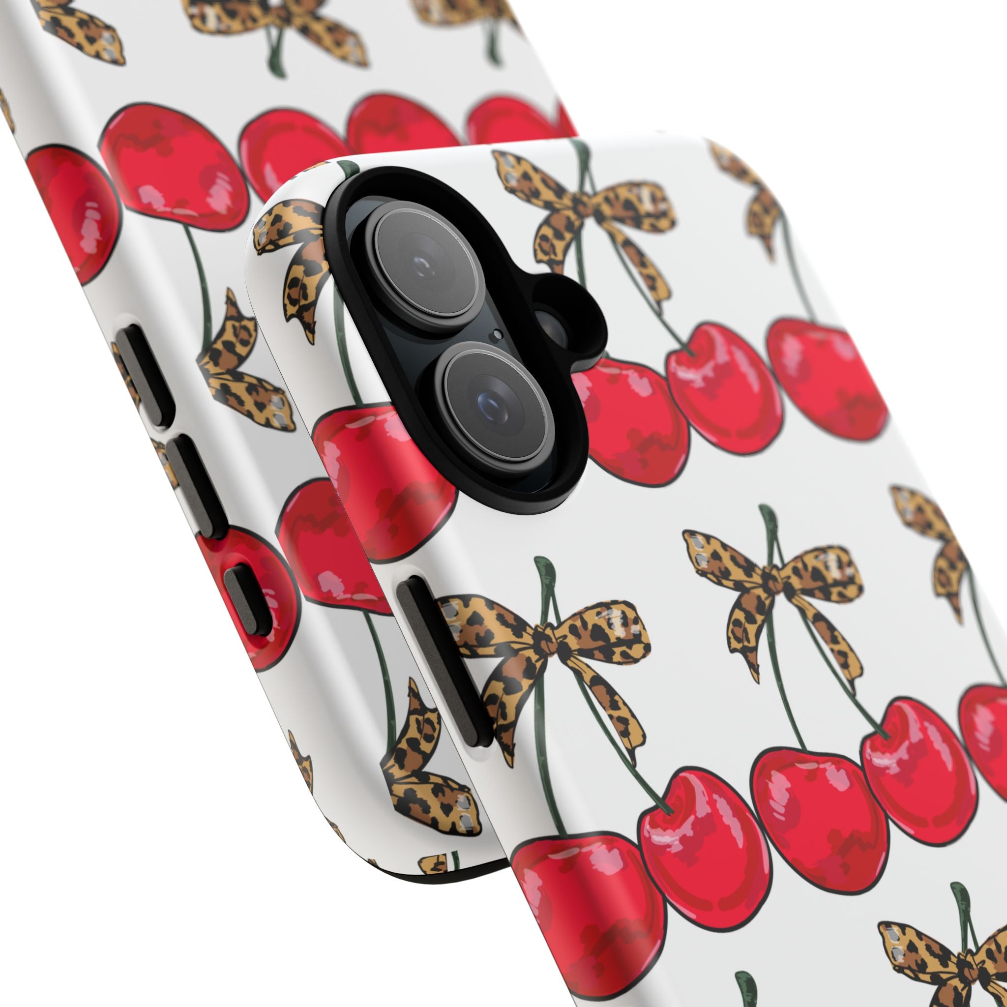 Cherry Pattern Phone Case — Retro Red Cherries with Leopard Bow iPhone Case