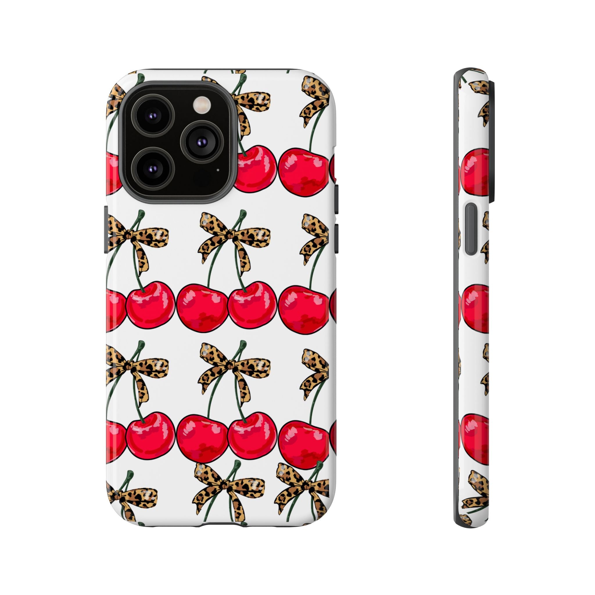 Cherry Pattern Phone Case — Retro Red Cherries with Leopard Bow iPhone Case