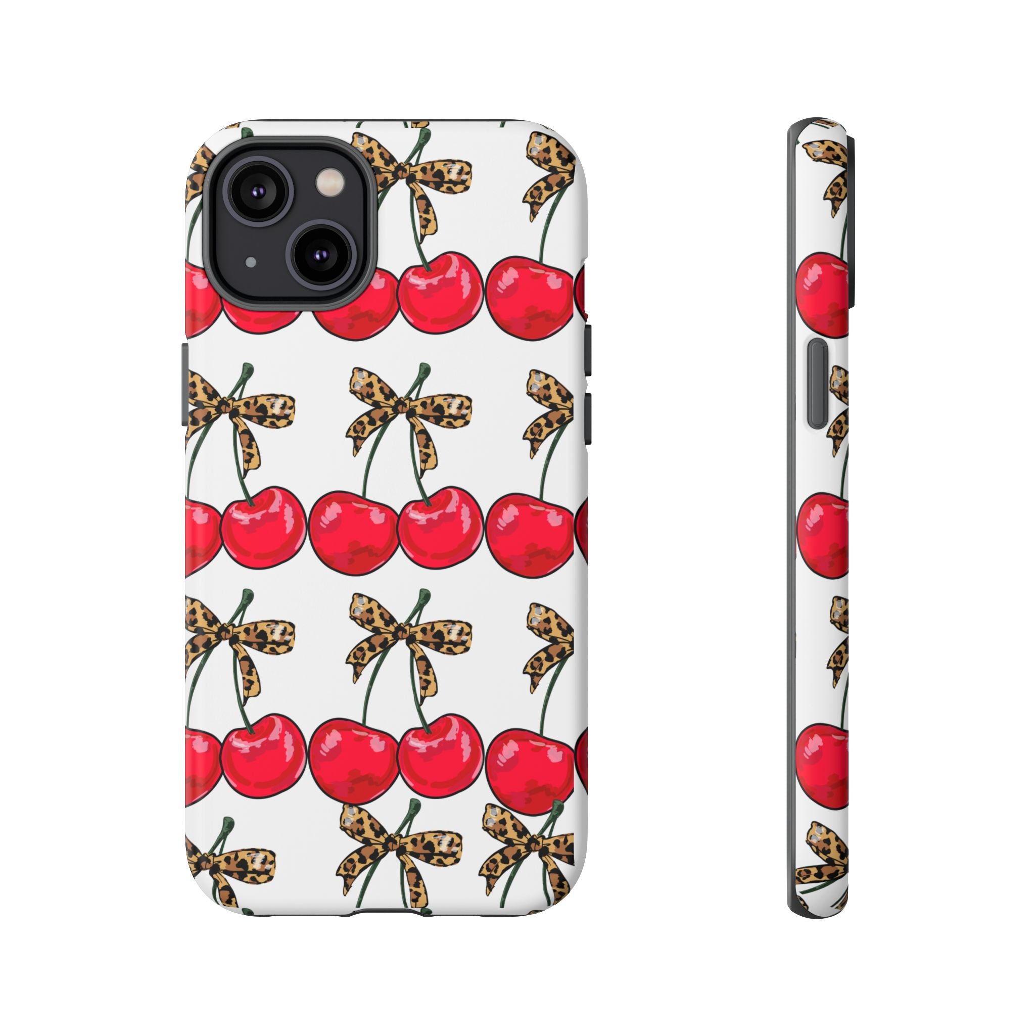 Cherry Pattern Phone Case — Retro Red Cherries with Leopard Bow iPhone Case