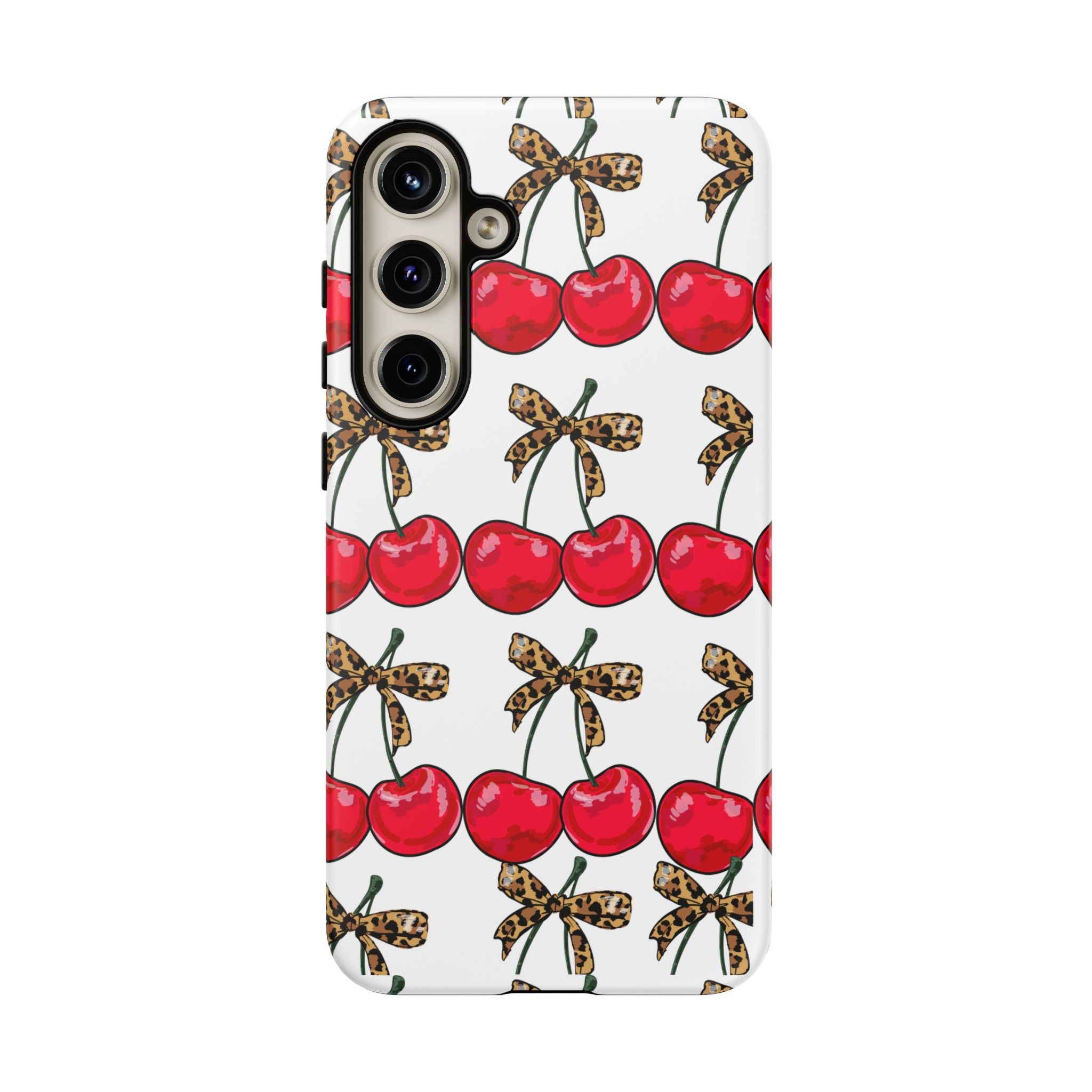 Cherry Pattern Phone Case — Retro Red Cherries with Leopard Bow iPhone Case