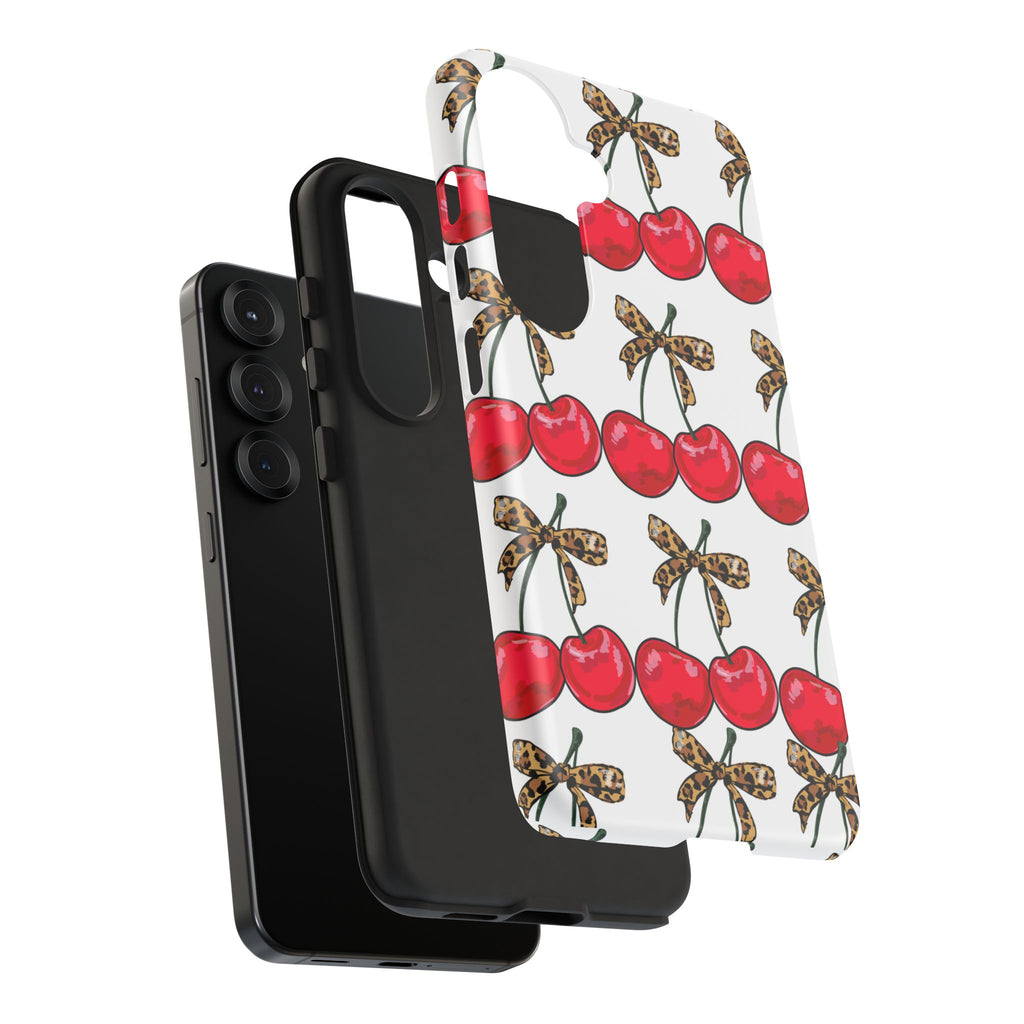 Cherry Pattern Phone Case — Retro Red Cherries with Leopard Bow iPhone Case