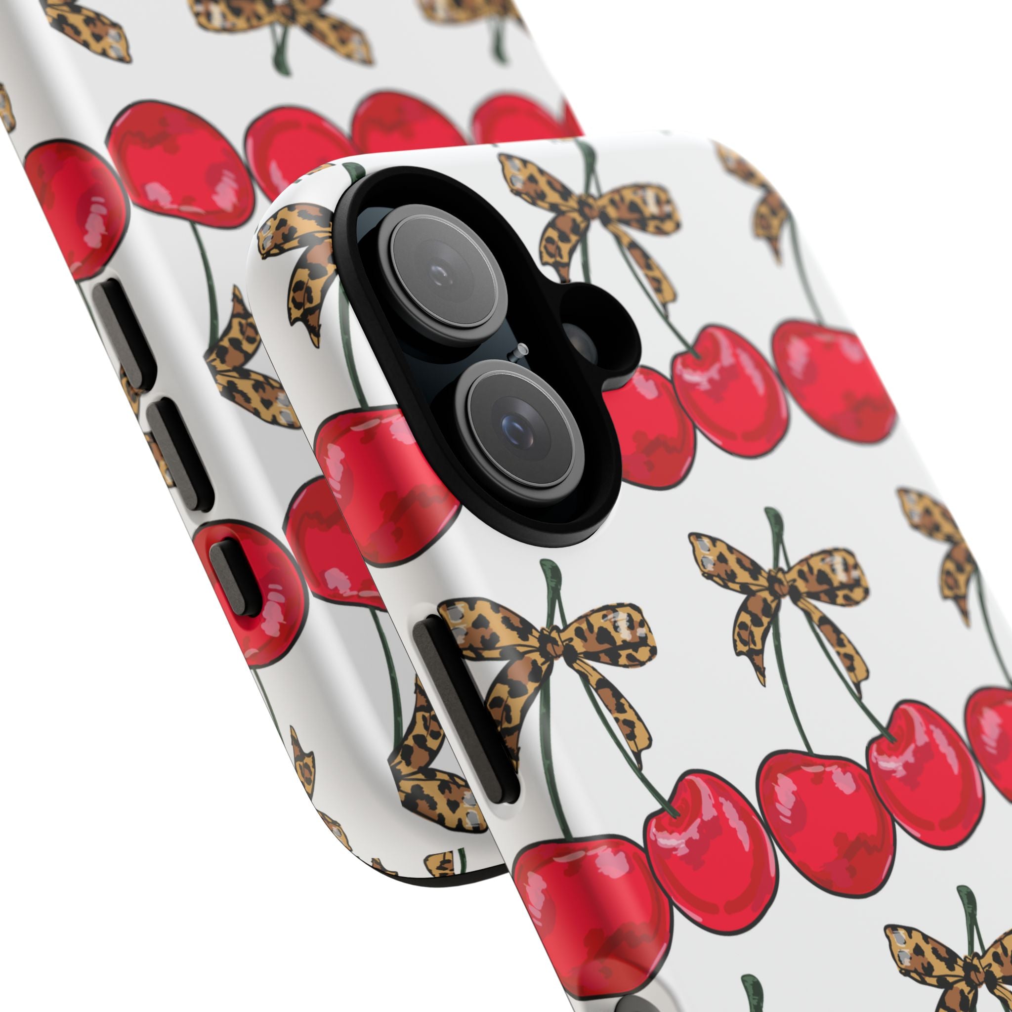 Cherry Pattern Phone Case — Retro Red Cherries with Leopard Bow iPhone Case