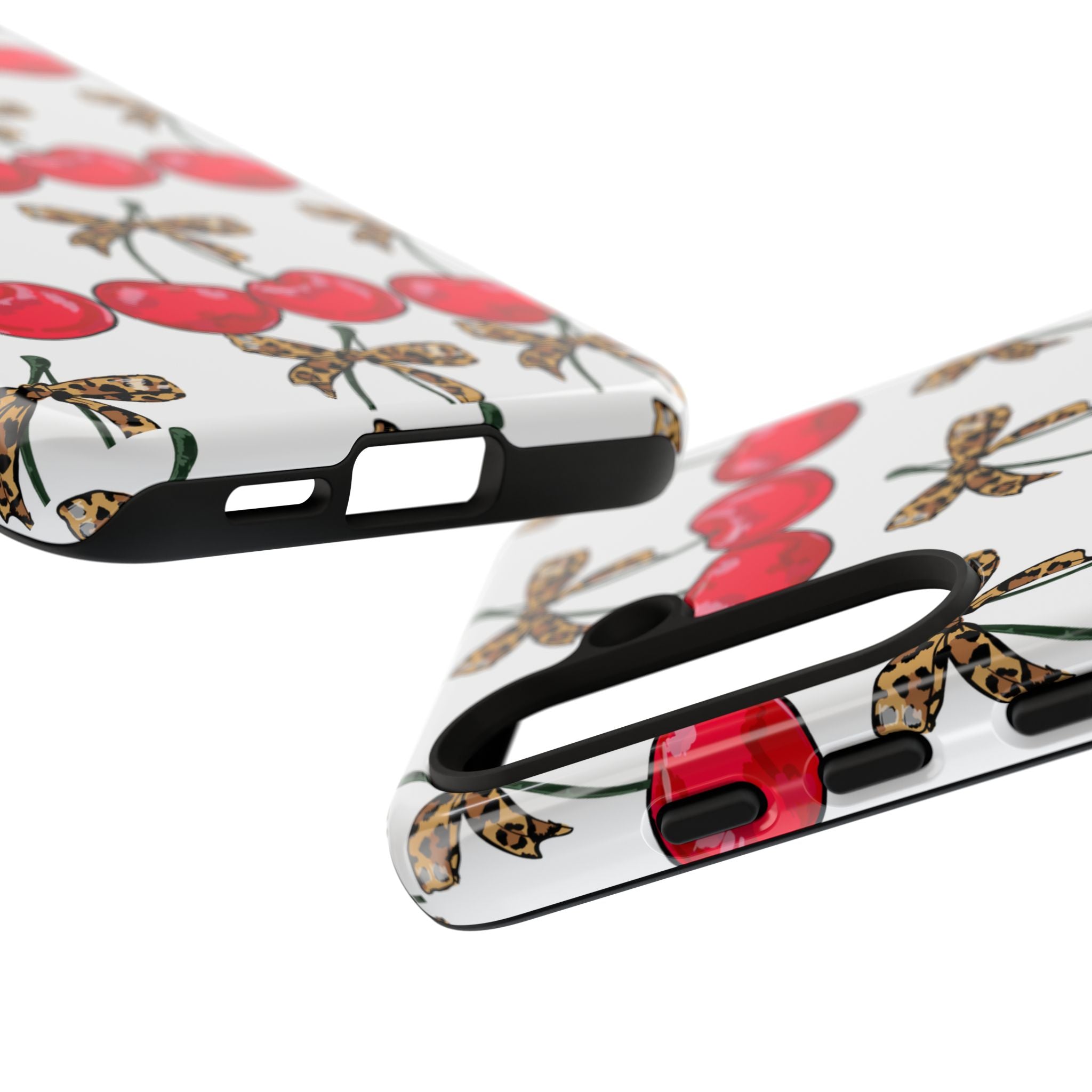 Cherry Pattern Phone Case — Retro Red Cherries with Leopard Bow iPhone Case