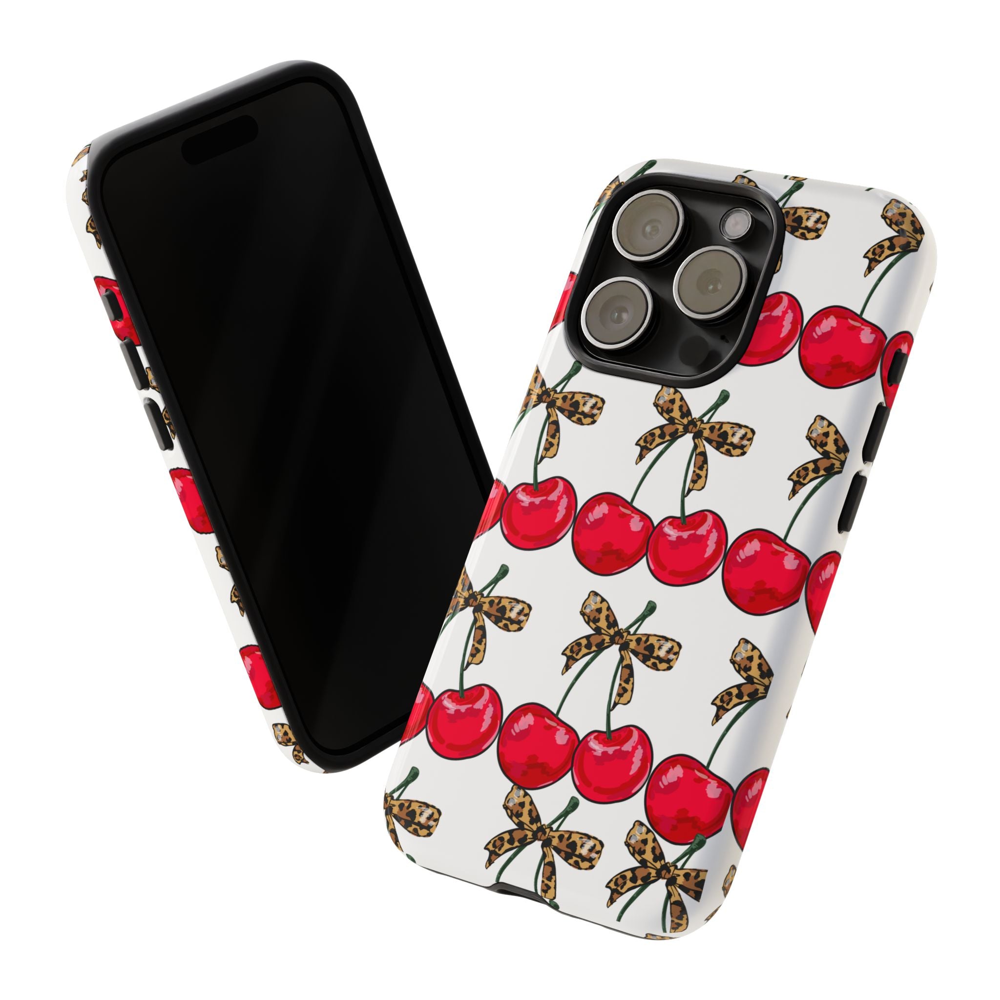 Cherry Pattern Phone Case — Retro Red Cherries with Leopard Bow iPhone Case