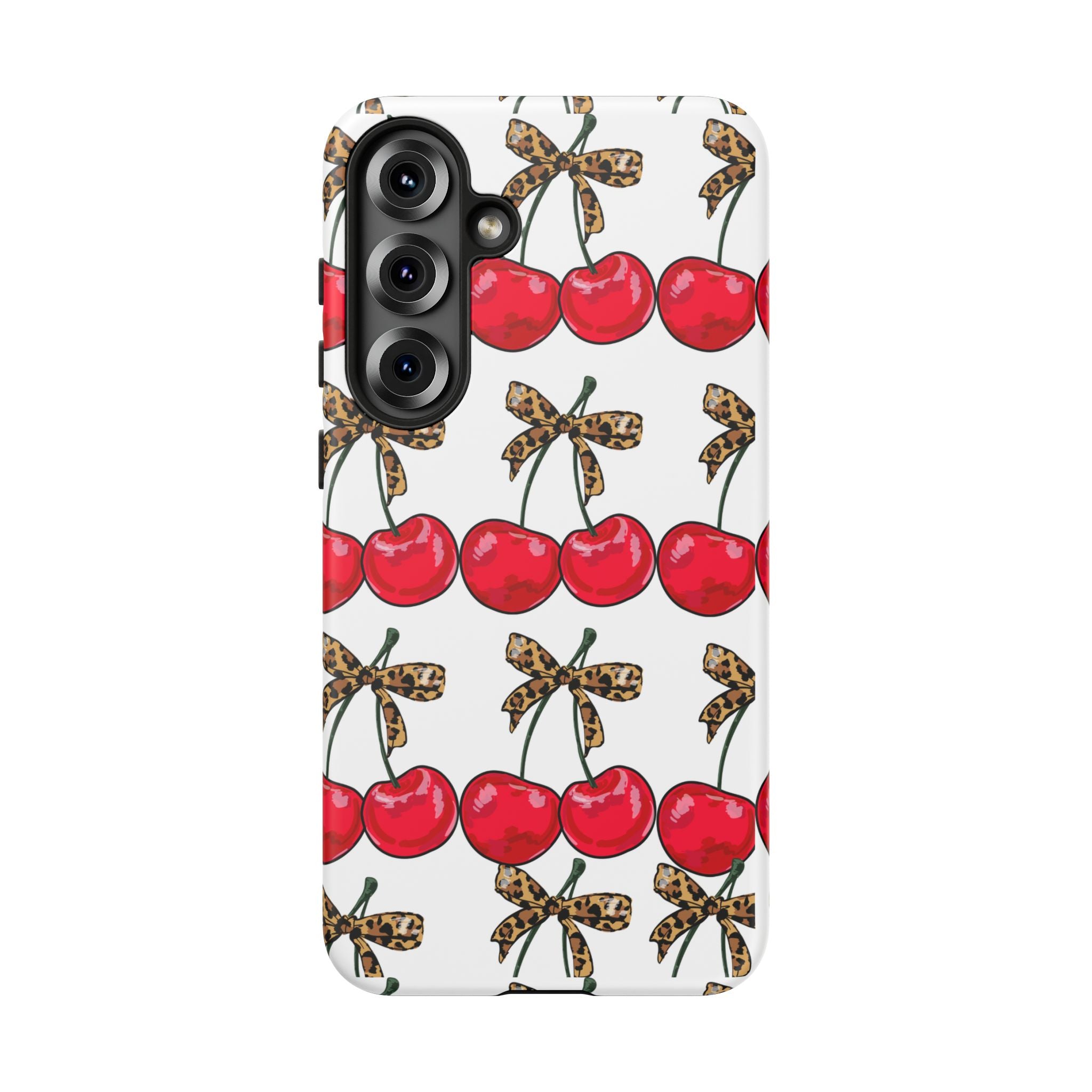 Cherry Pattern Phone Case — Retro Red Cherries with Leopard Bow iPhone Case