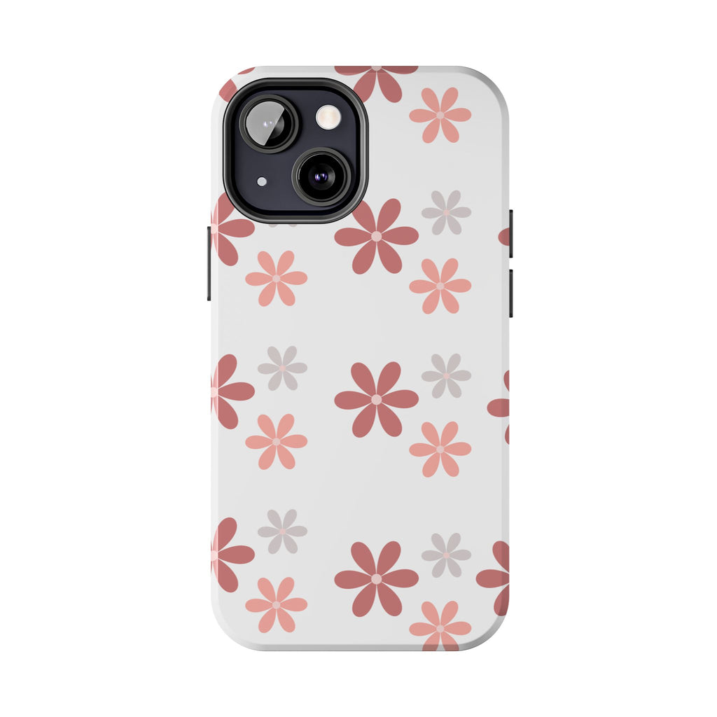 Floral Daisy Tough Phone Case — Pink Retro Flower Pattern, Protective Shockproof Phone Cover