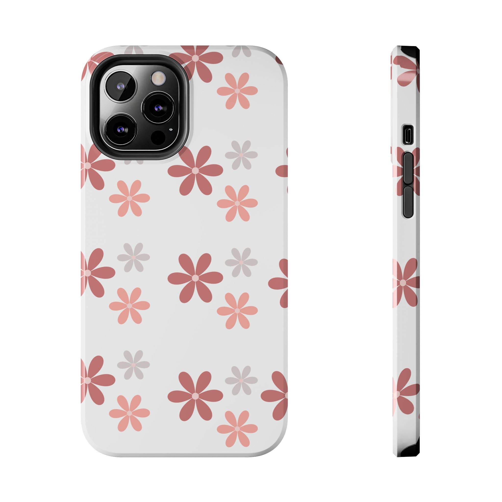 Floral Daisy Tough Phone Case — Pink Retro Flower Pattern, Protective Shockproof Phone Cover