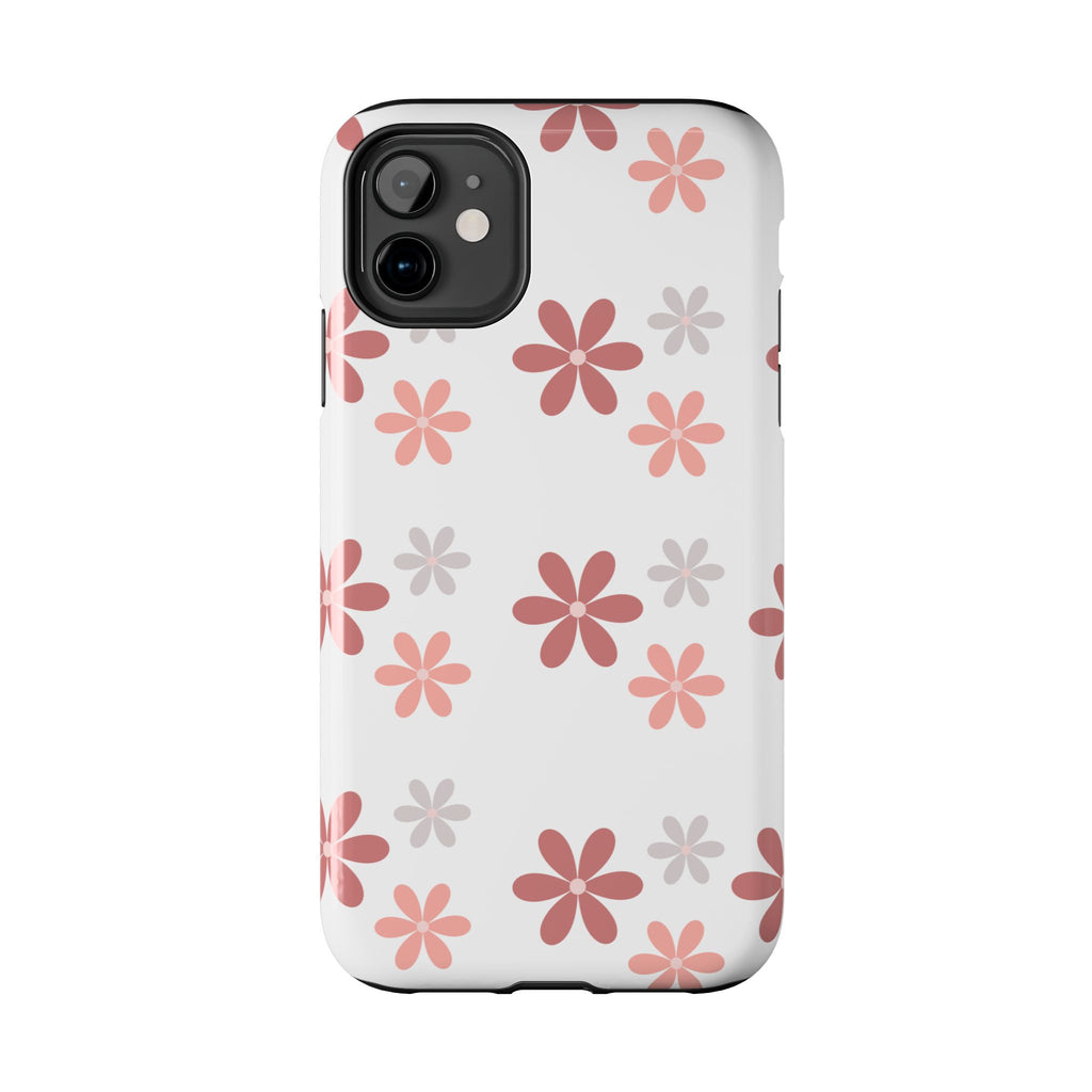 Floral Daisy Tough Phone Case — Pink Retro Flower Pattern, Protective Shockproof Phone Cover