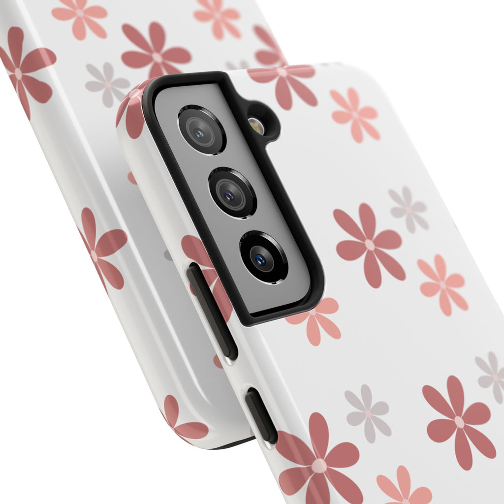 Floral Daisy Tough Phone Case — Pink Retro Flower Pattern, Protective Shockproof Phone Cover
