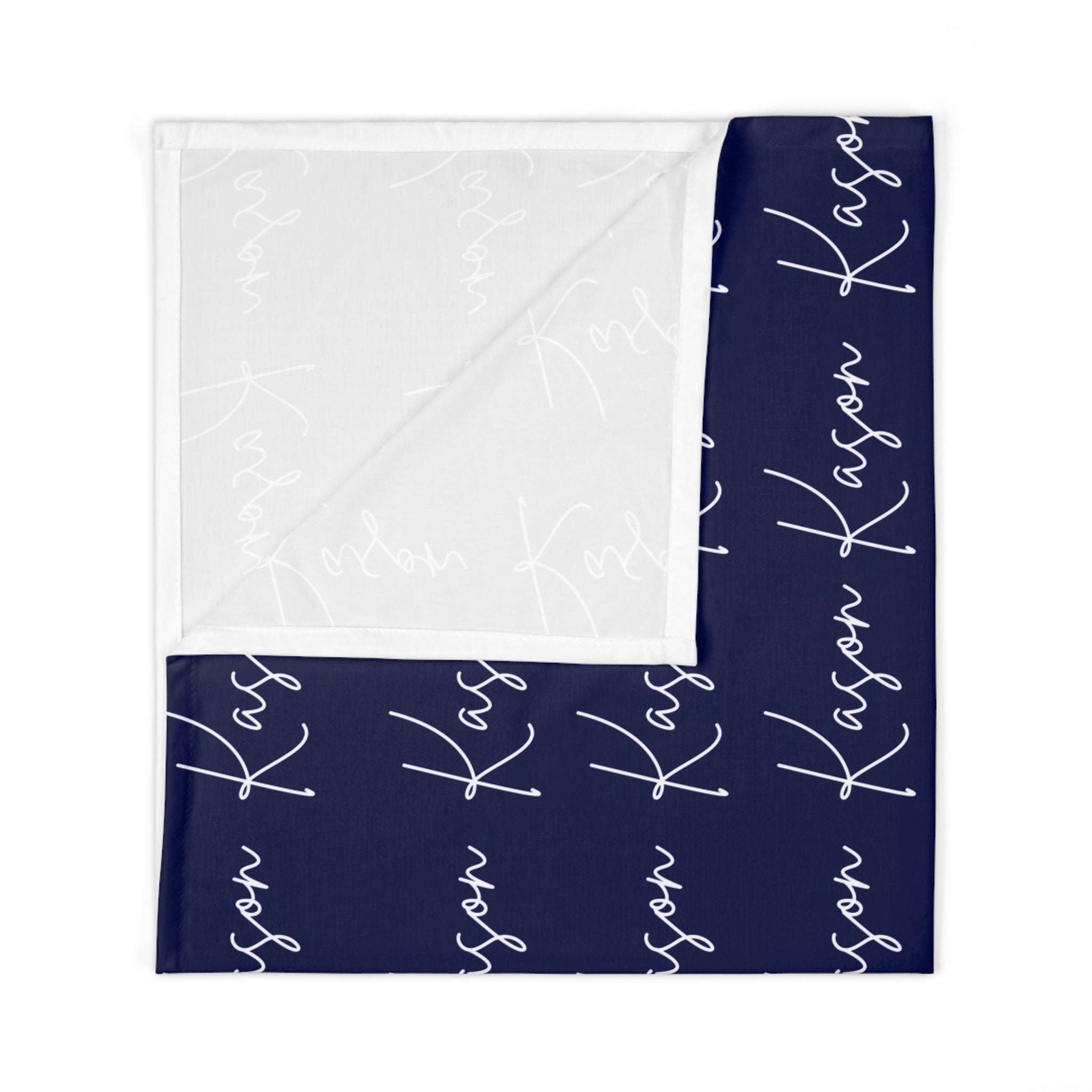 Personalized Navy Baby Swaddle Blanket — Custom Name Script Pattern