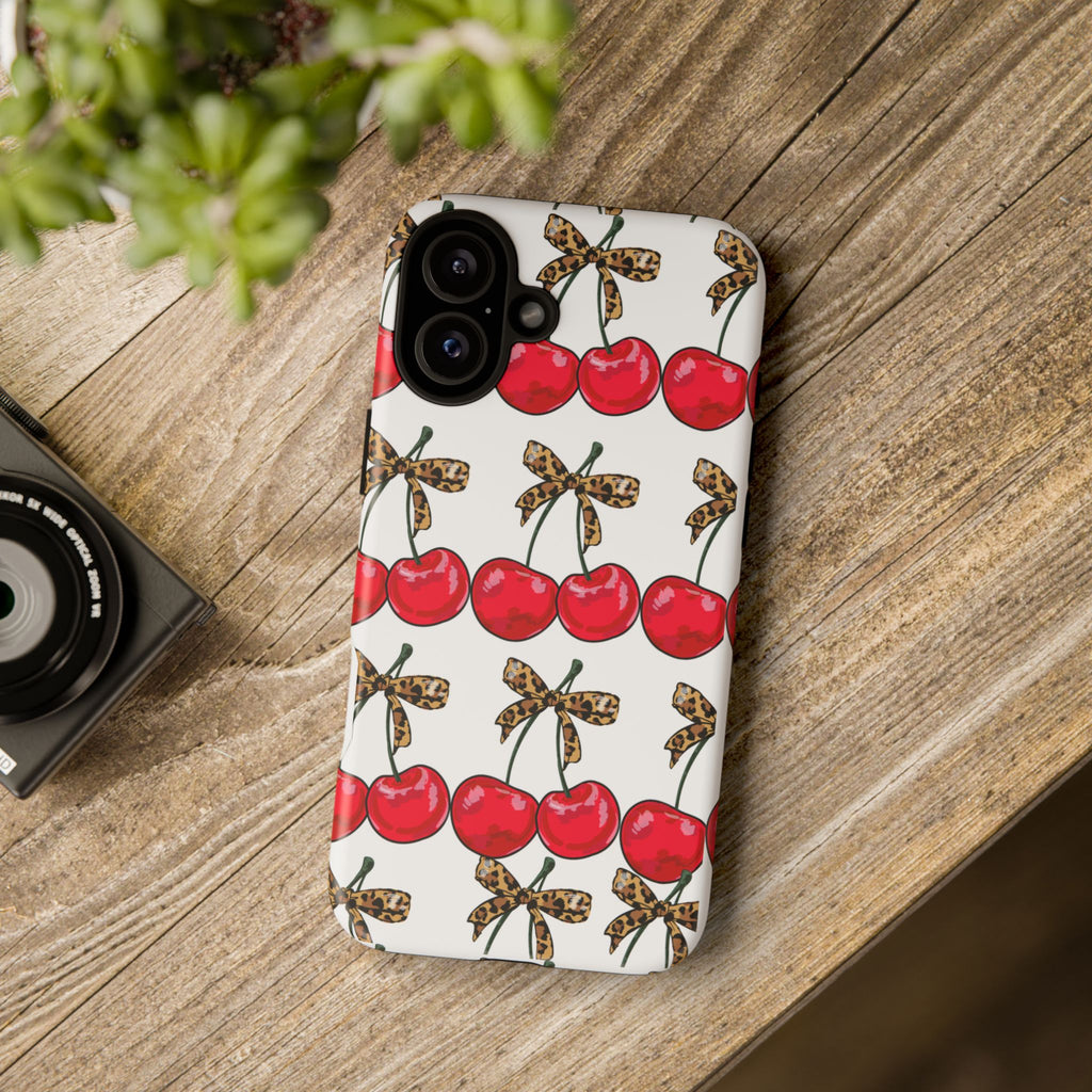 Cherry Pattern Phone Case — Retro Red Cherries with Leopard Bow iPhone Case