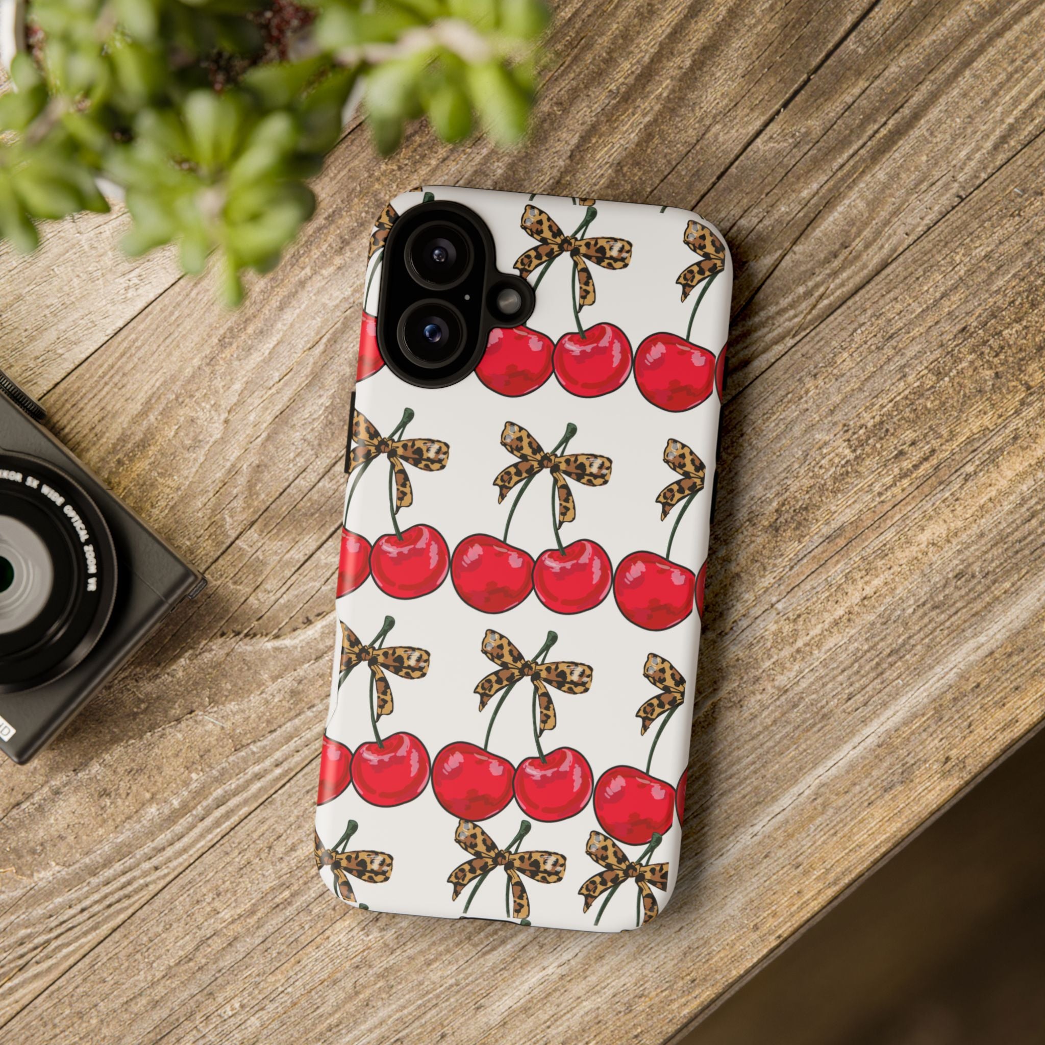 Cherry Pattern Phone Case — Retro Red Cherries with Leopard Bow iPhone Case