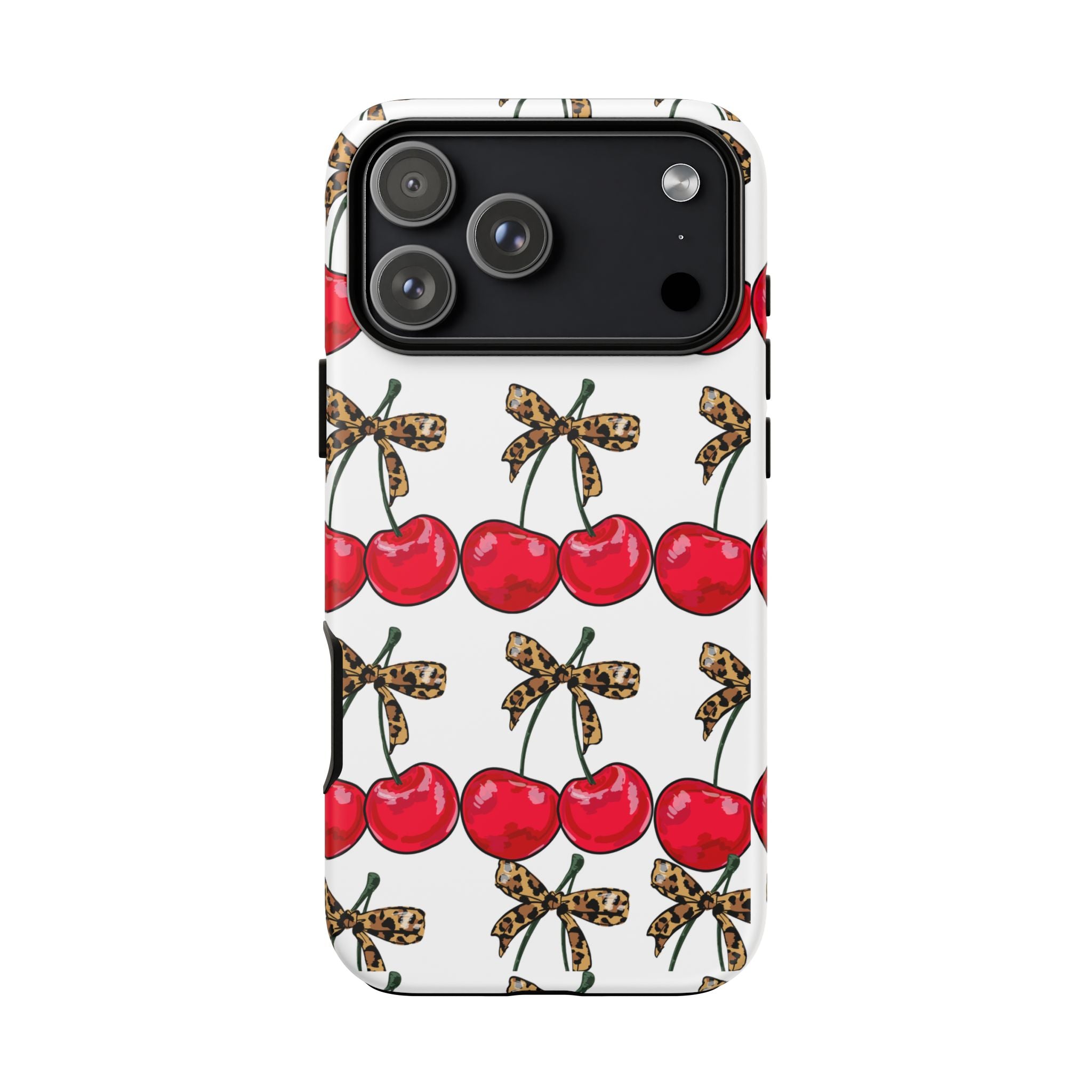 Cherry Pattern Phone Case — Retro Red Cherries with Leopard Bow iPhone Case