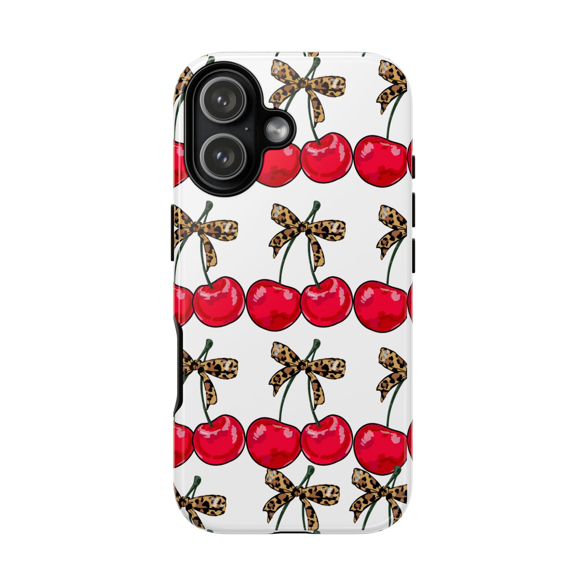 Cherry Pattern Phone Case — Retro Red Cherries with Leopard Bow iPhone Case