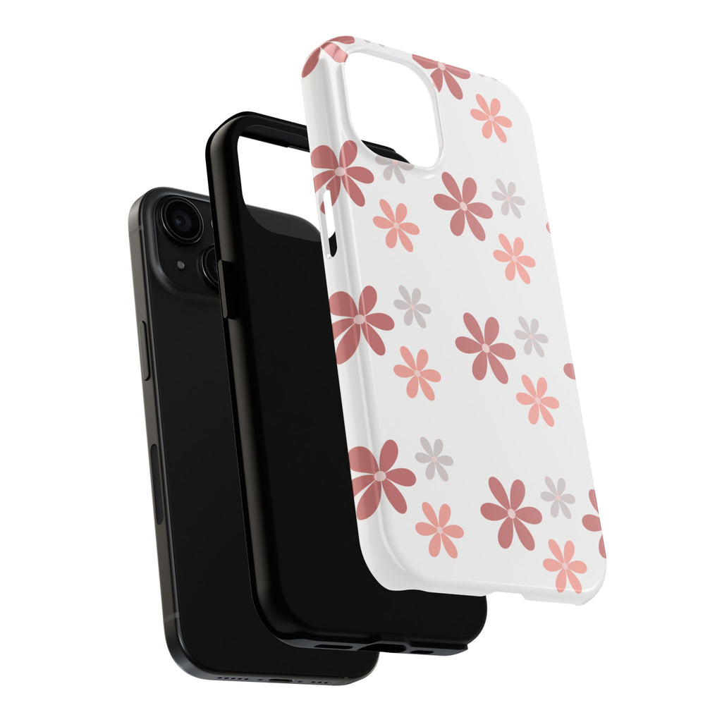 Floral Daisy Tough Phone Case — Pink Retro Flower Pattern, Protective Shockproof Phone Cover