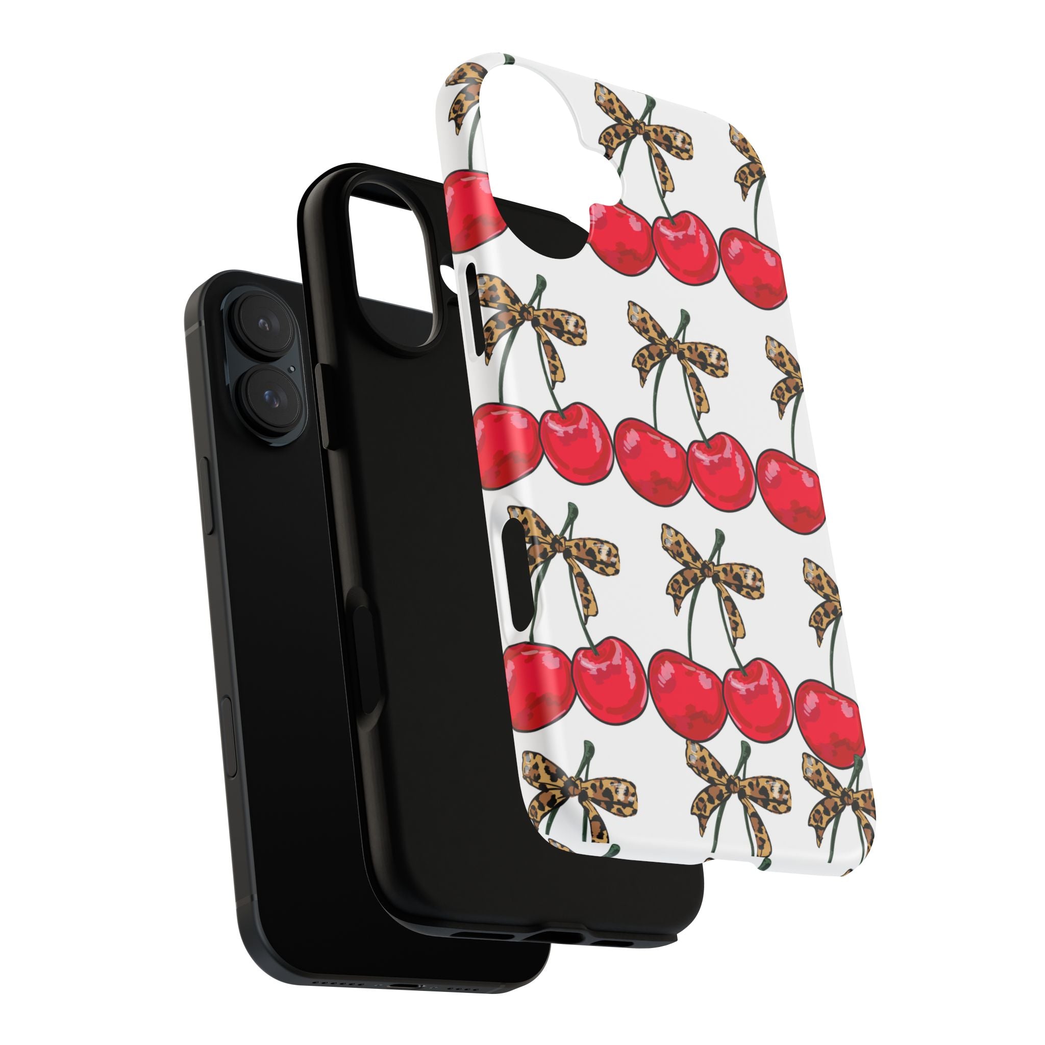 Cherry Pattern Phone Case — Retro Red Cherries with Leopard Bow iPhone Case