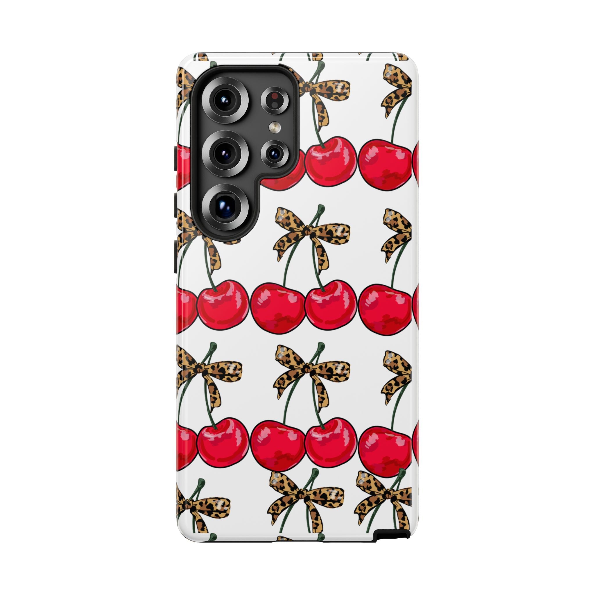 Cherry Pattern Phone Case — Retro Red Cherries with Leopard Bow iPhone Case