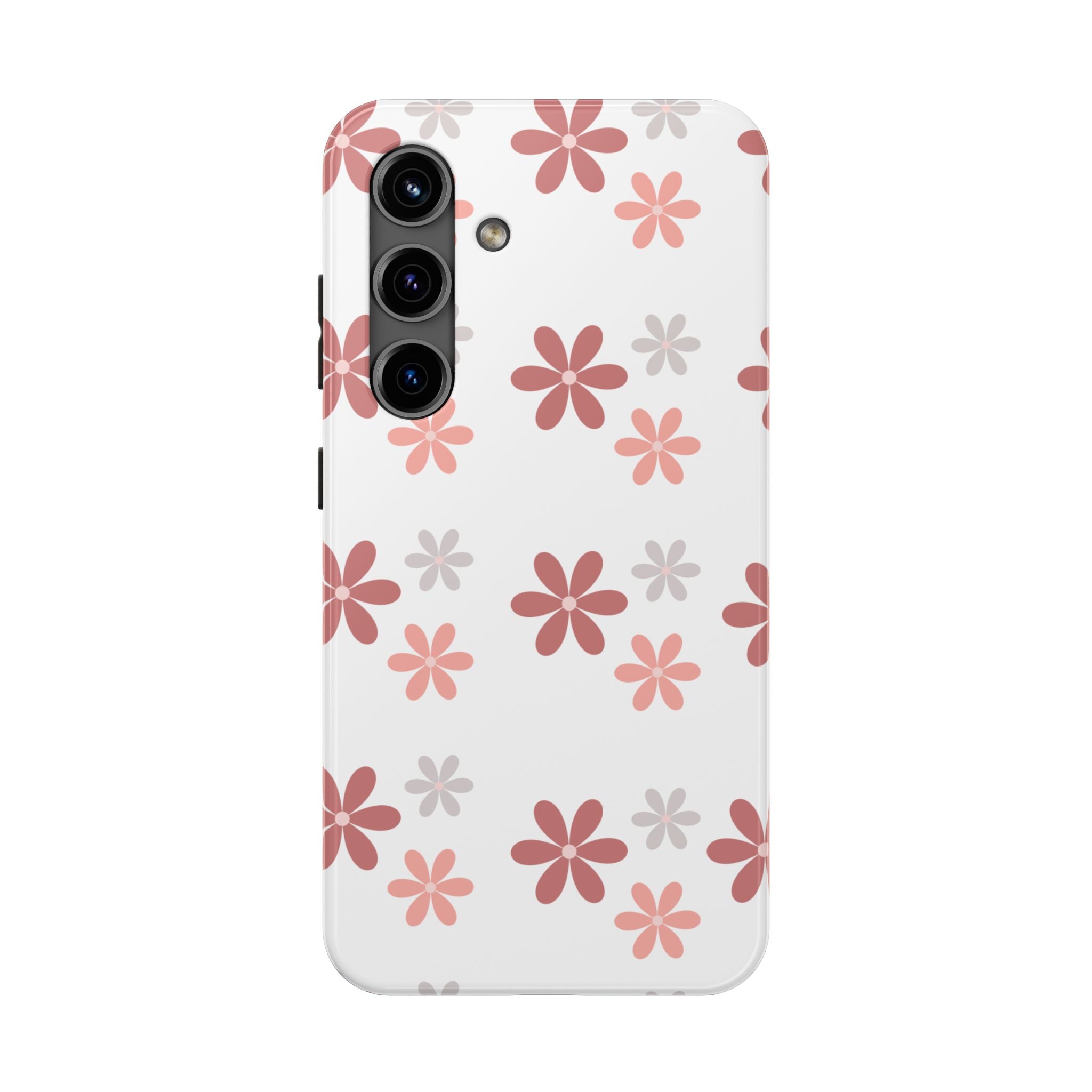 Floral Daisy Tough Phone Case — Pink Retro Flower Pattern, Protective Shockproof Phone Cover