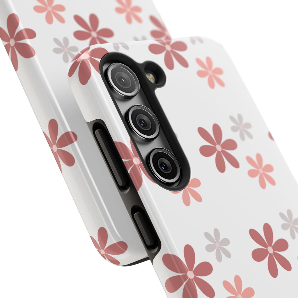Floral Daisy Tough Phone Case — Pink Retro Flower Pattern, Protective Shockproof Phone Cover