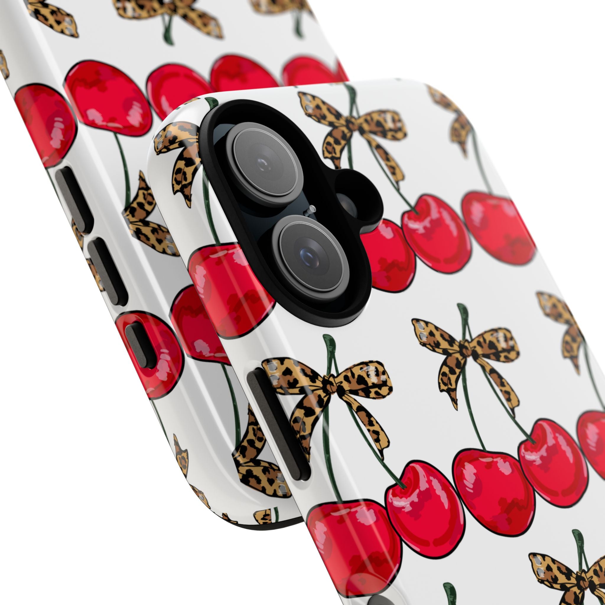 Cherry Pattern Phone Case — Retro Red Cherries with Leopard Bow iPhone Case