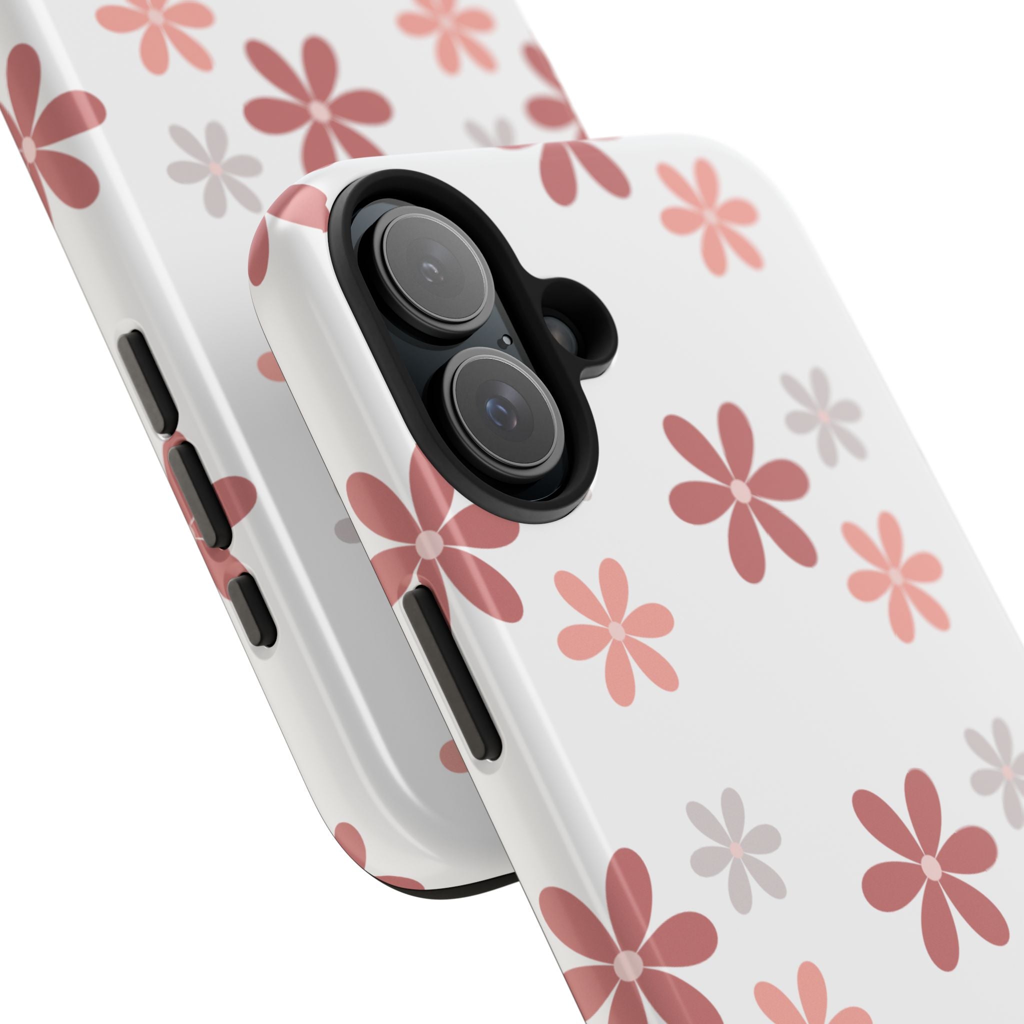Floral Daisy Tough Phone Case — Pink Retro Flower Pattern, Protective Shockproof Phone Cover