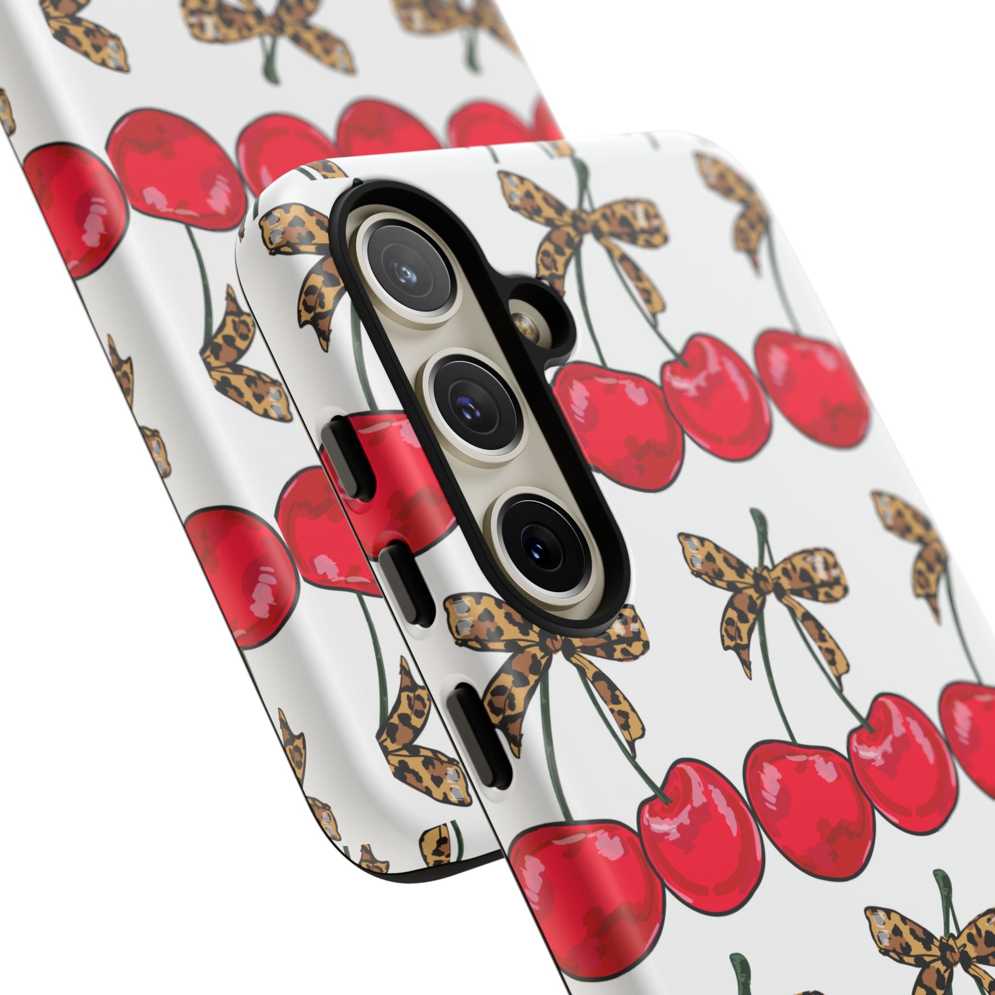 Cherry Pattern Phone Case — Retro Red Cherries with Leopard Bow iPhone Case
