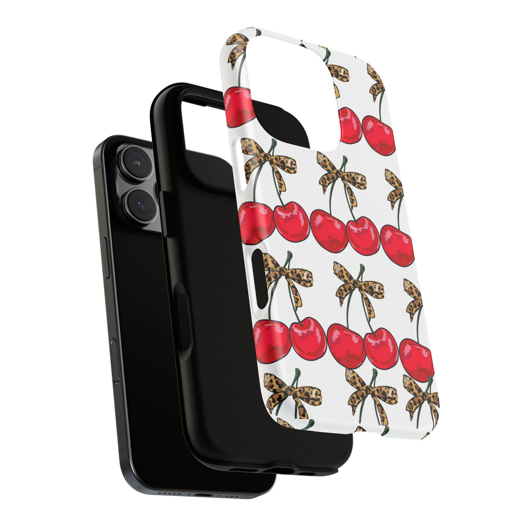 Cherry Pattern Phone Case — Retro Red Cherries with Leopard Bow iPhone Case